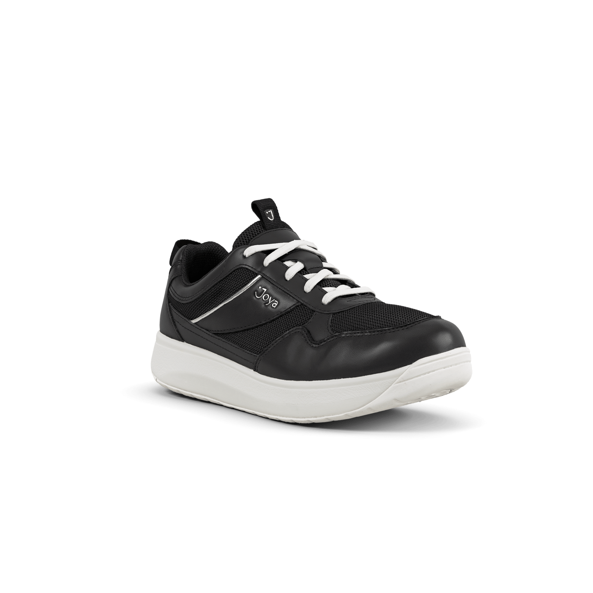side view of black and white women's sneaker with white laces and Joya logo