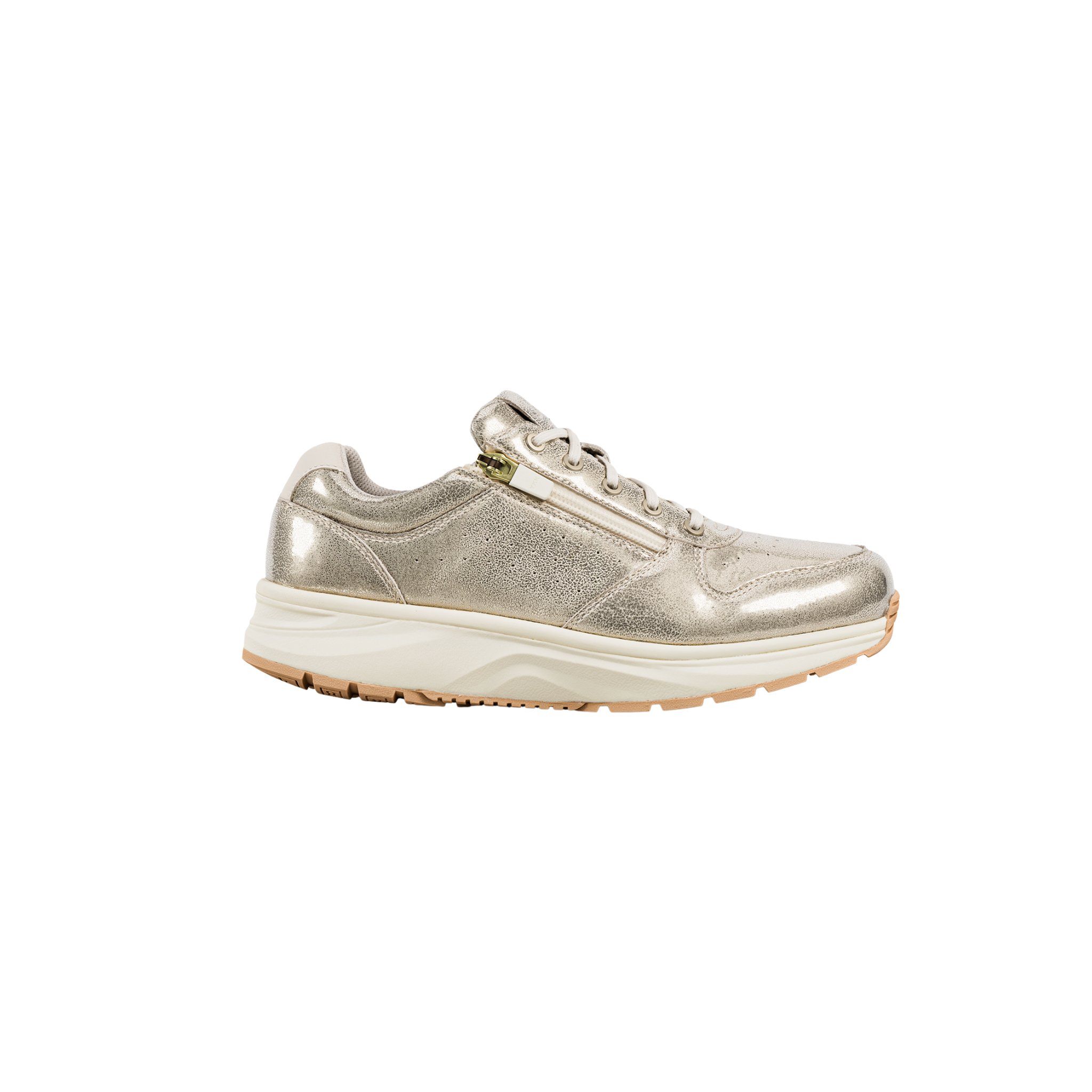 gold sneakers on white background
