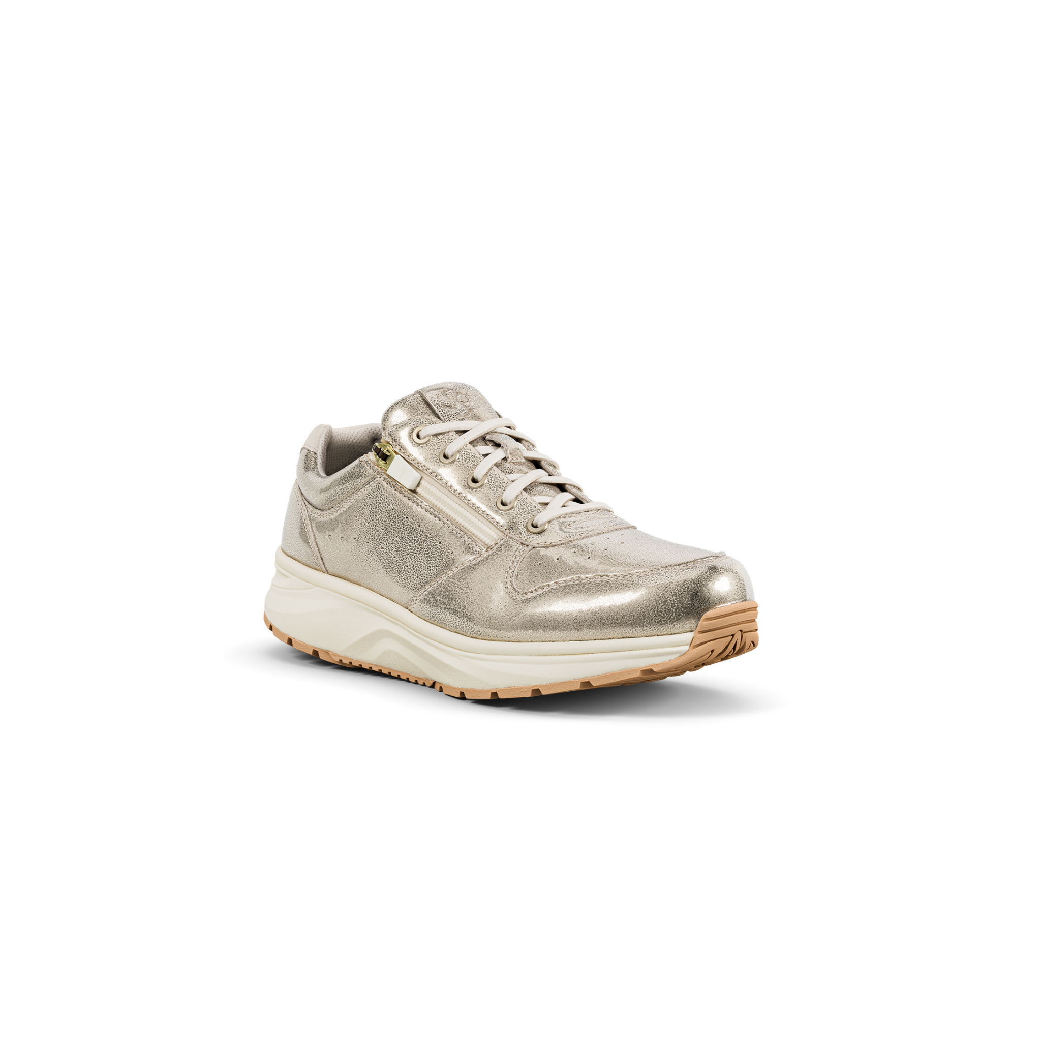 A metallic silver lace-up sneaker with a chunky off-white midsole and a light tan outsole, shown from a three-quarters angle on a white background.