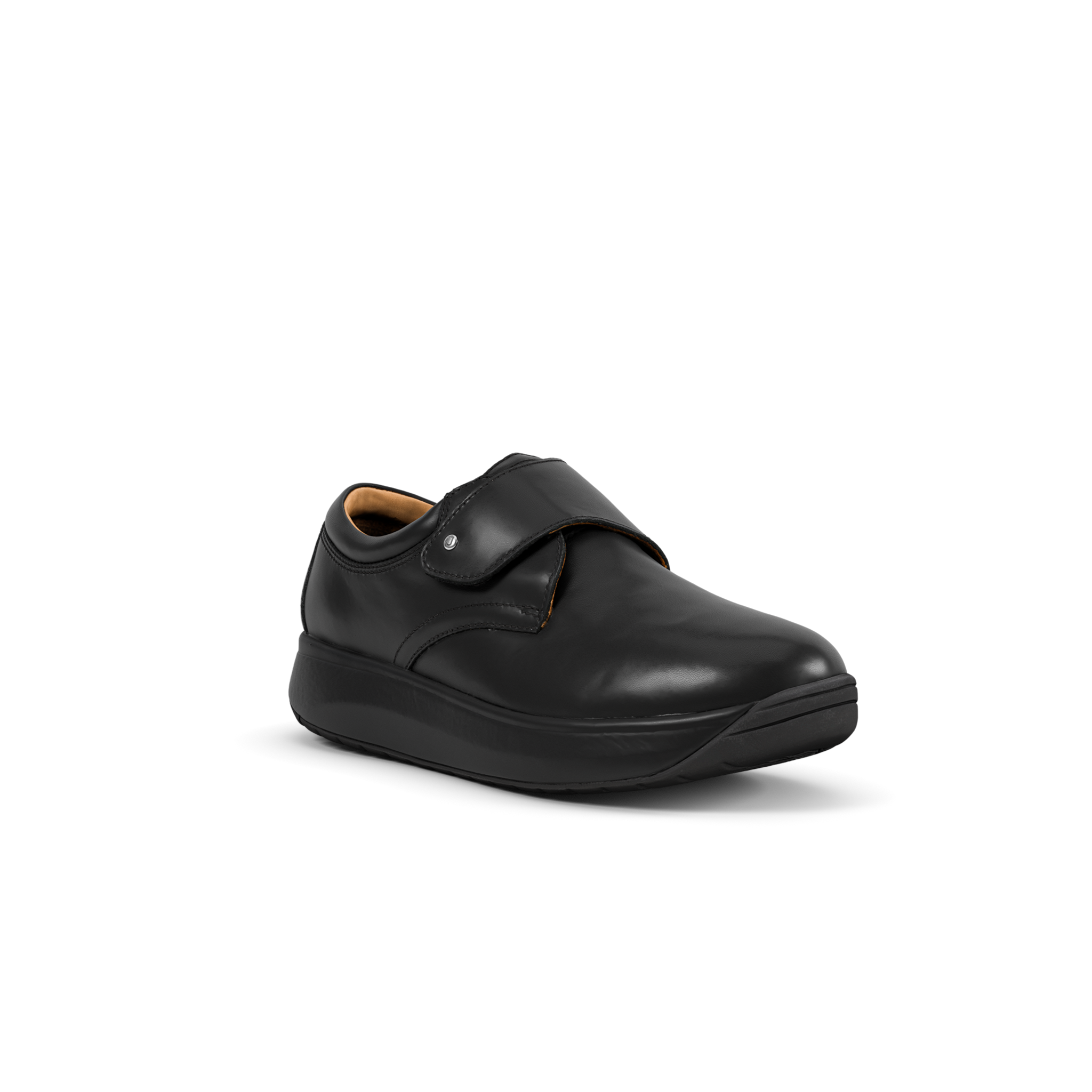 A black leather slip-on shoe with a hook-and-loop strap closure and a thick platform sole, shown from a three-quarters angle on a white background.