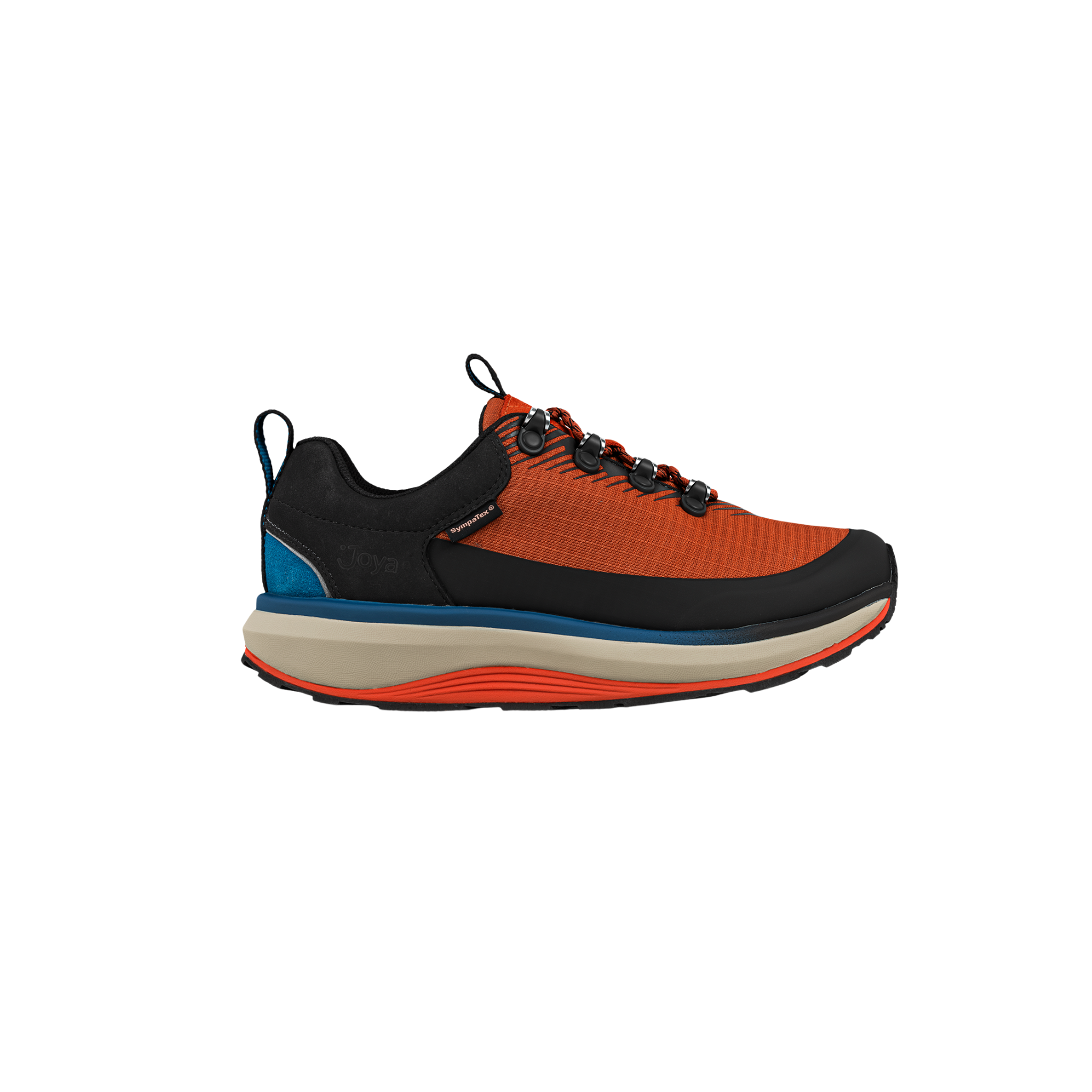 orange and black sneaker with blue accent and beige and orange sole