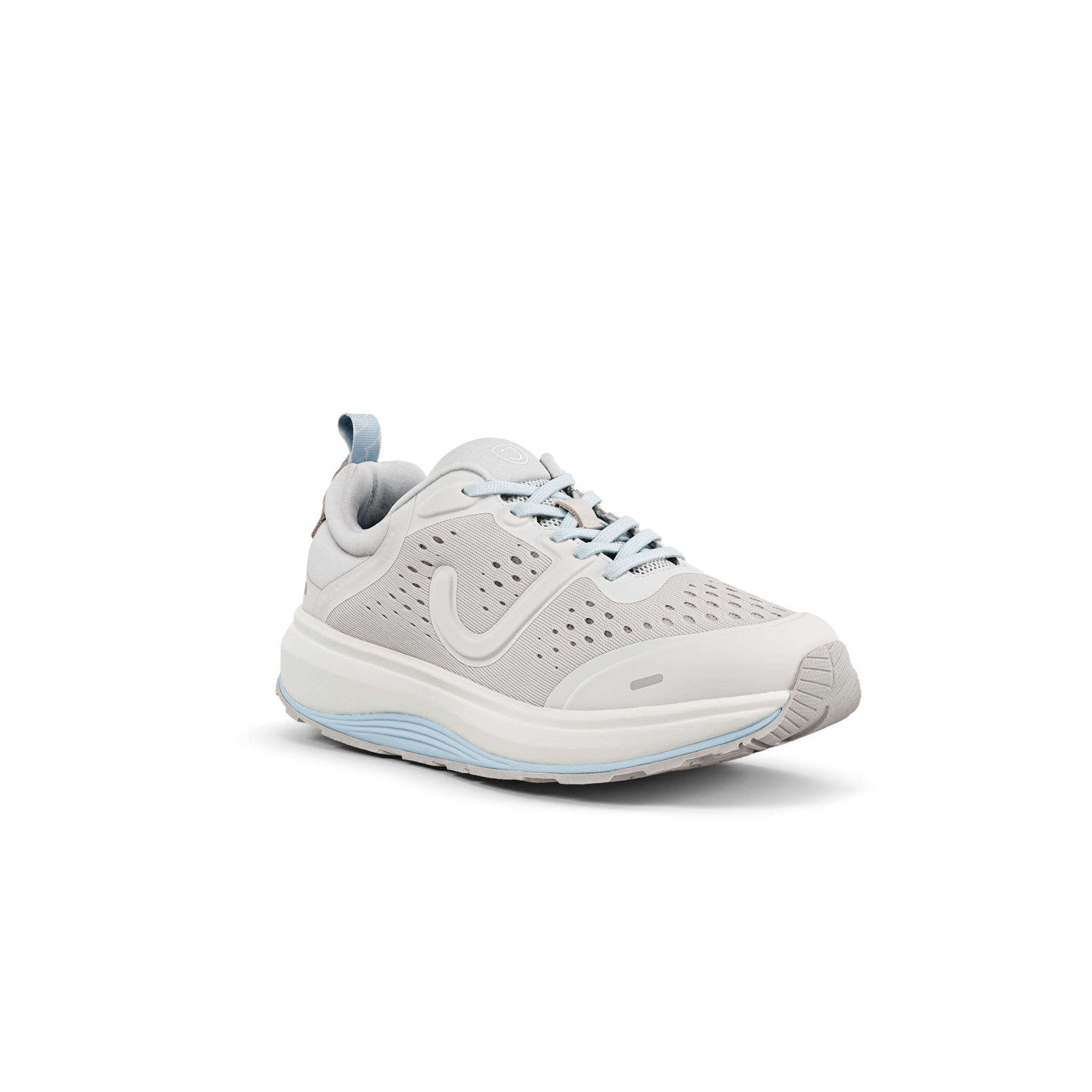 A light gray and white athletic sneaker with light blue accents on the laces, lining, and midsole, shown from a three-quarters angle on a white background.