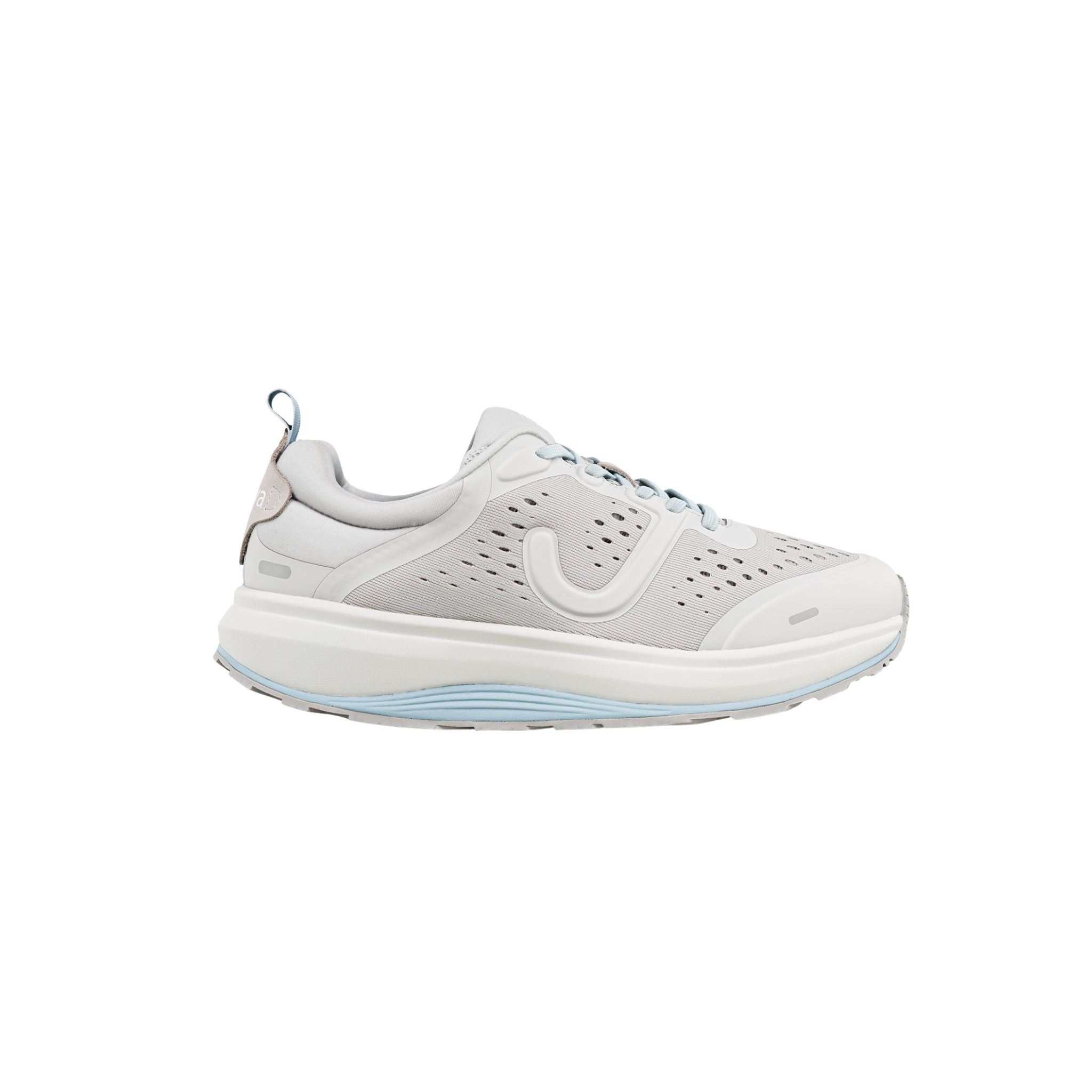 white sneaker with light blue accent on the sole