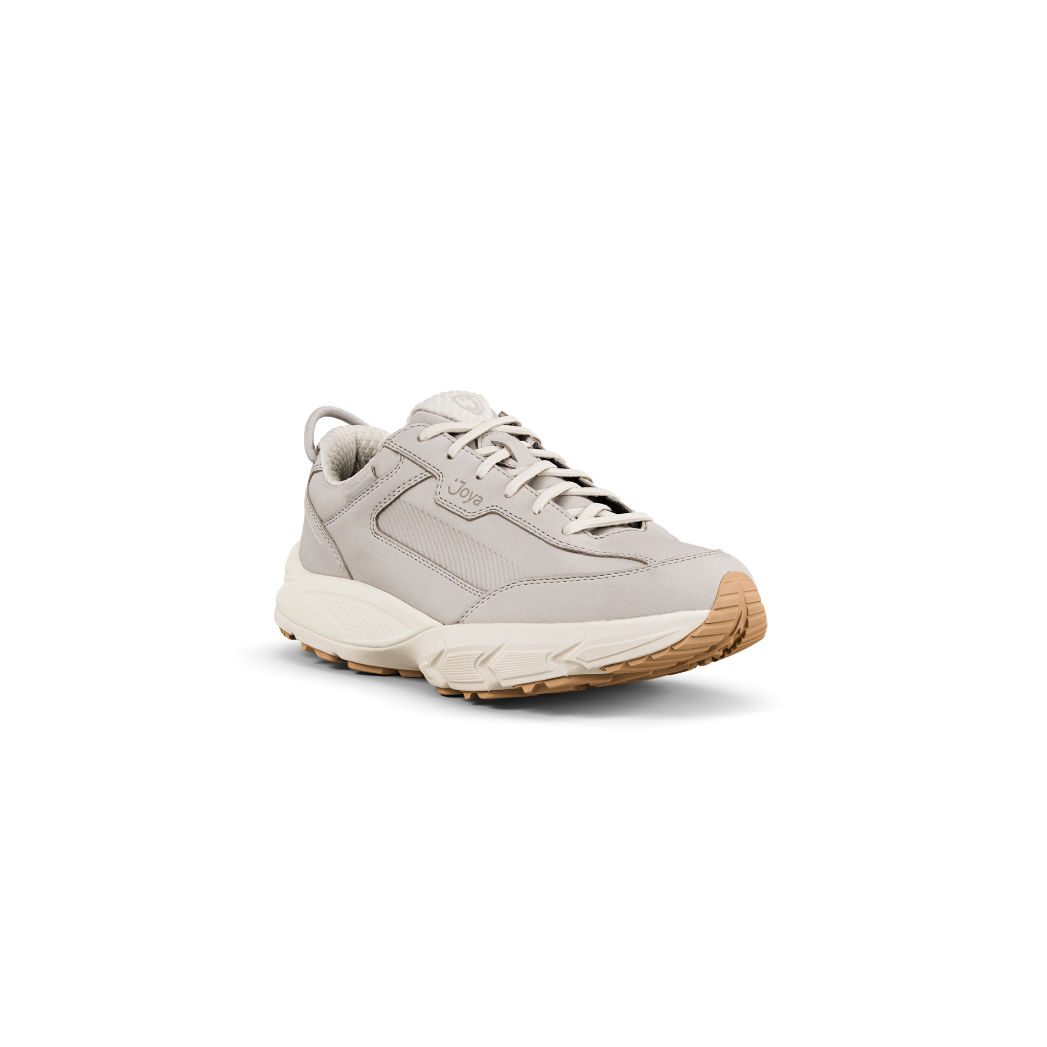 A light beige low-top sneaker with a chunky cream midsole and a gum brown outsole, shown from a three-quarters angle on a white background.