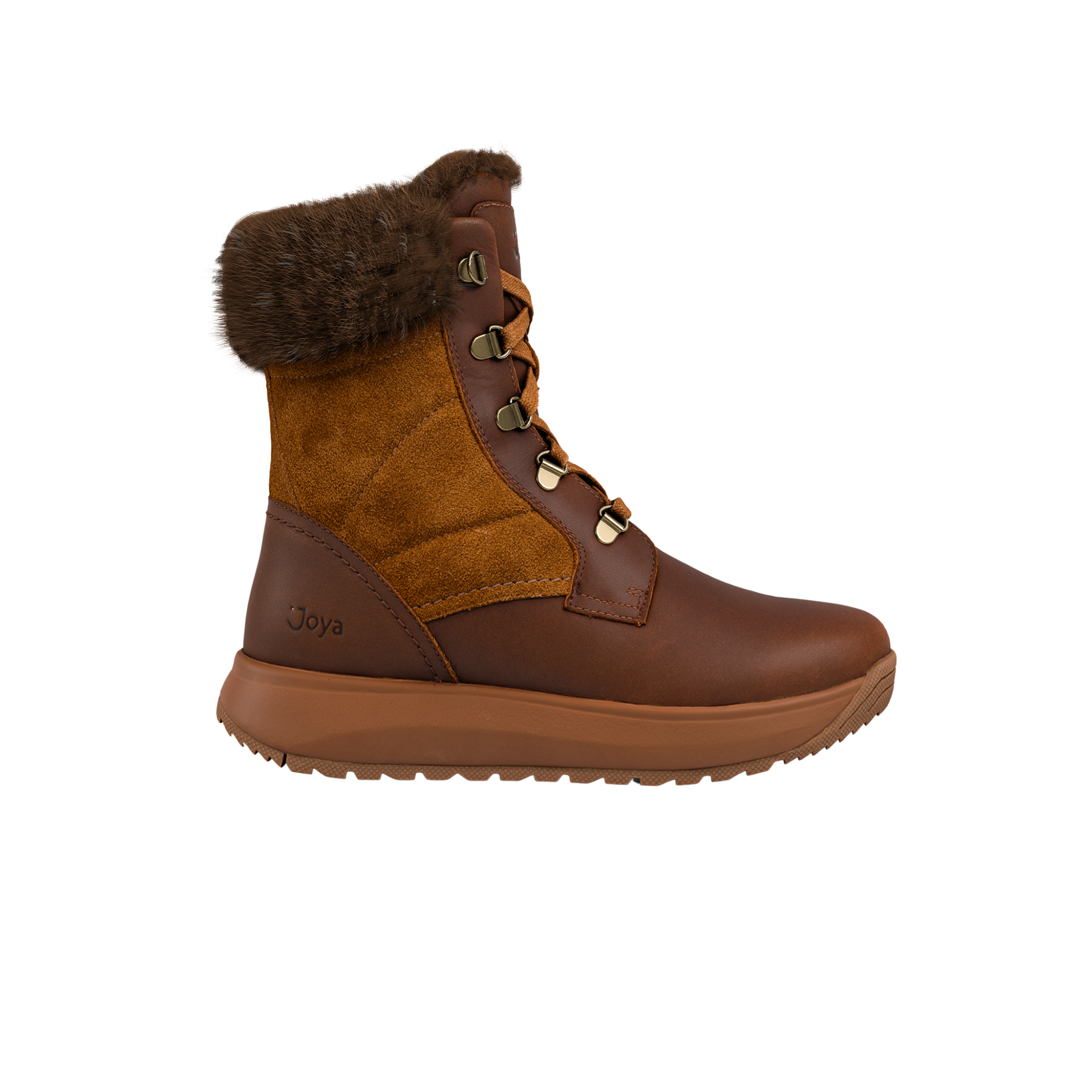 brown two tone boot with fur at the top