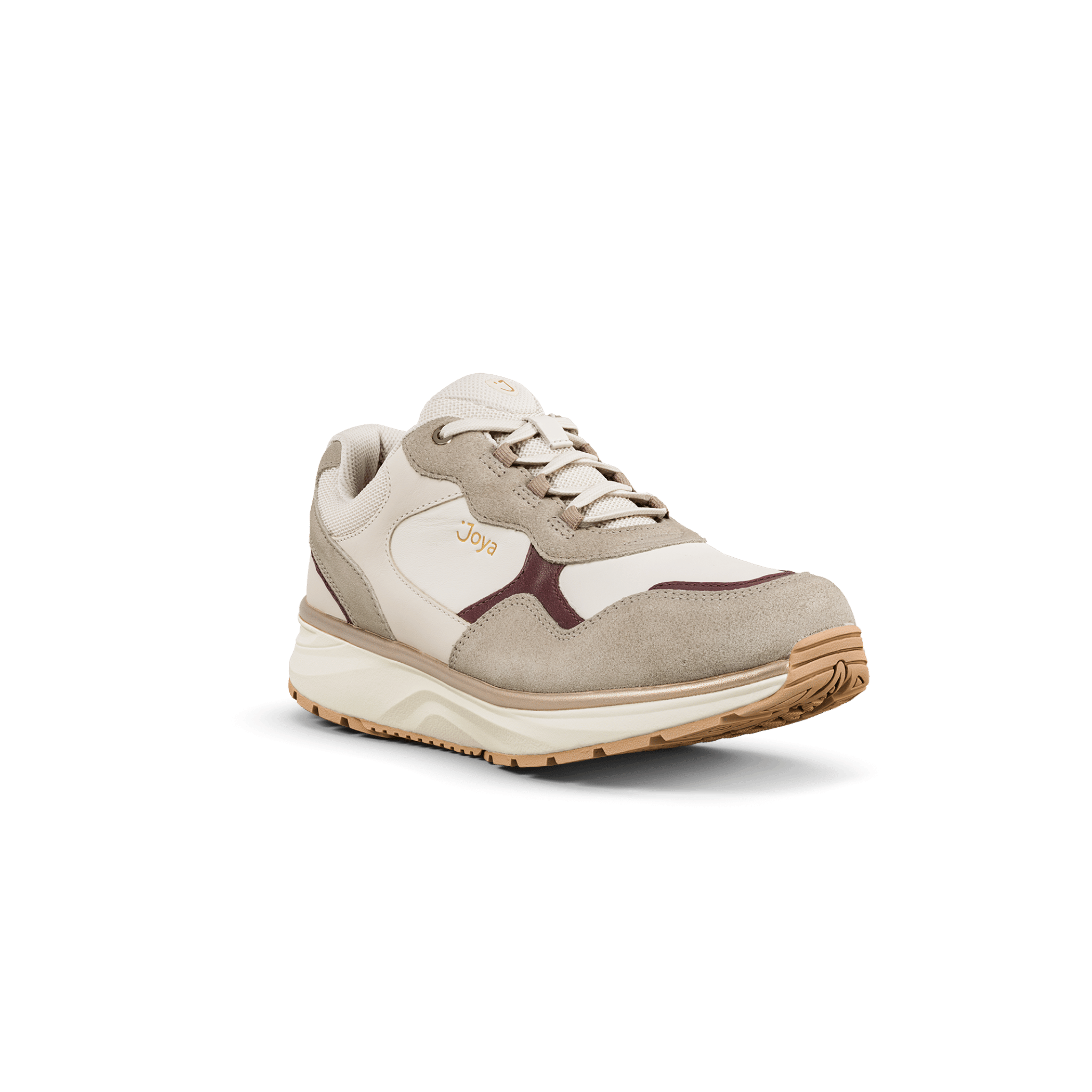 side view of beige sneaker with red accent