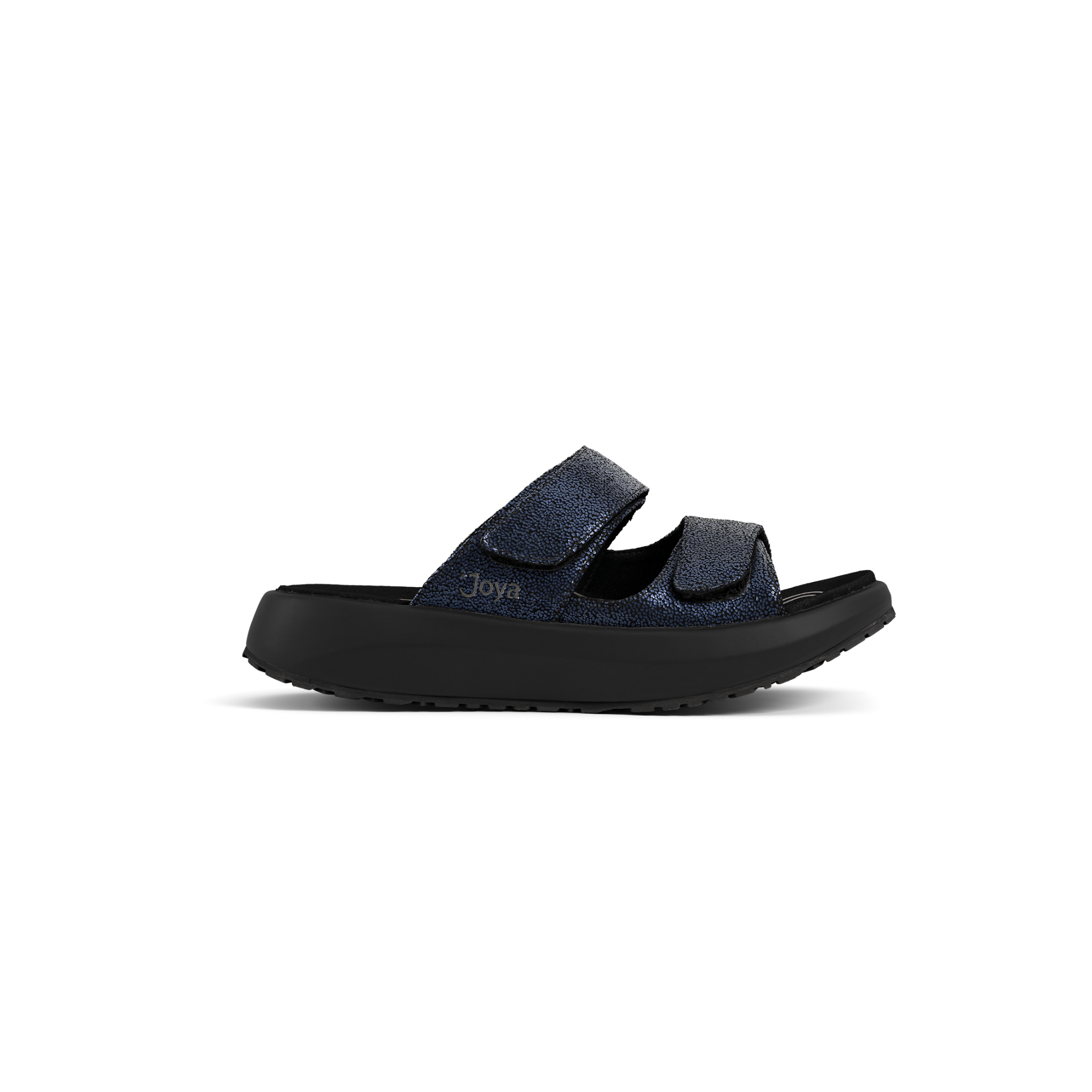 A single Joya brand slide sandal in navy blue glitter with a black platform sole, shown from a side profile on a white background.