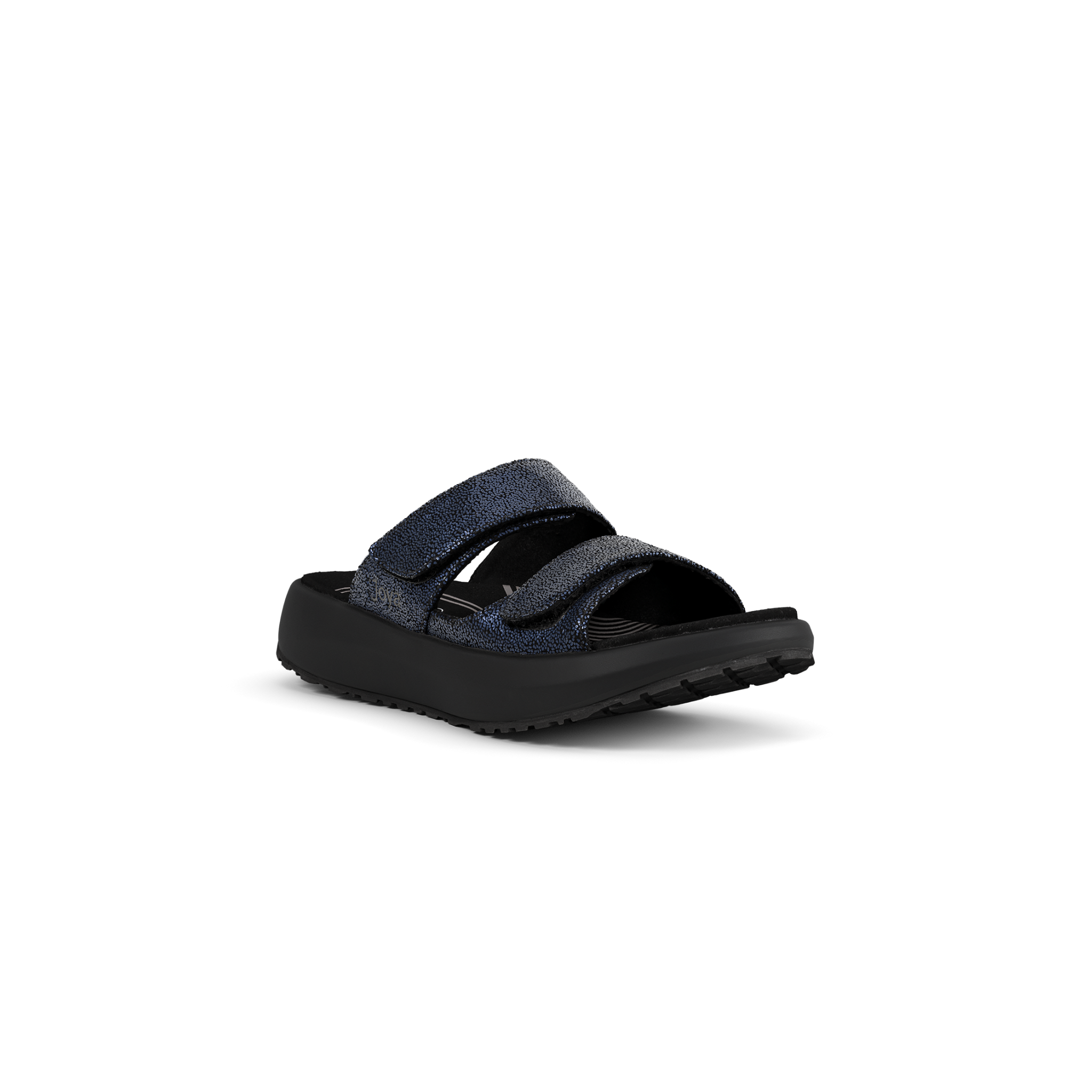 A single dark blue glittery slide sandal with a black sole, shown from a three-quarters angle on a white background.