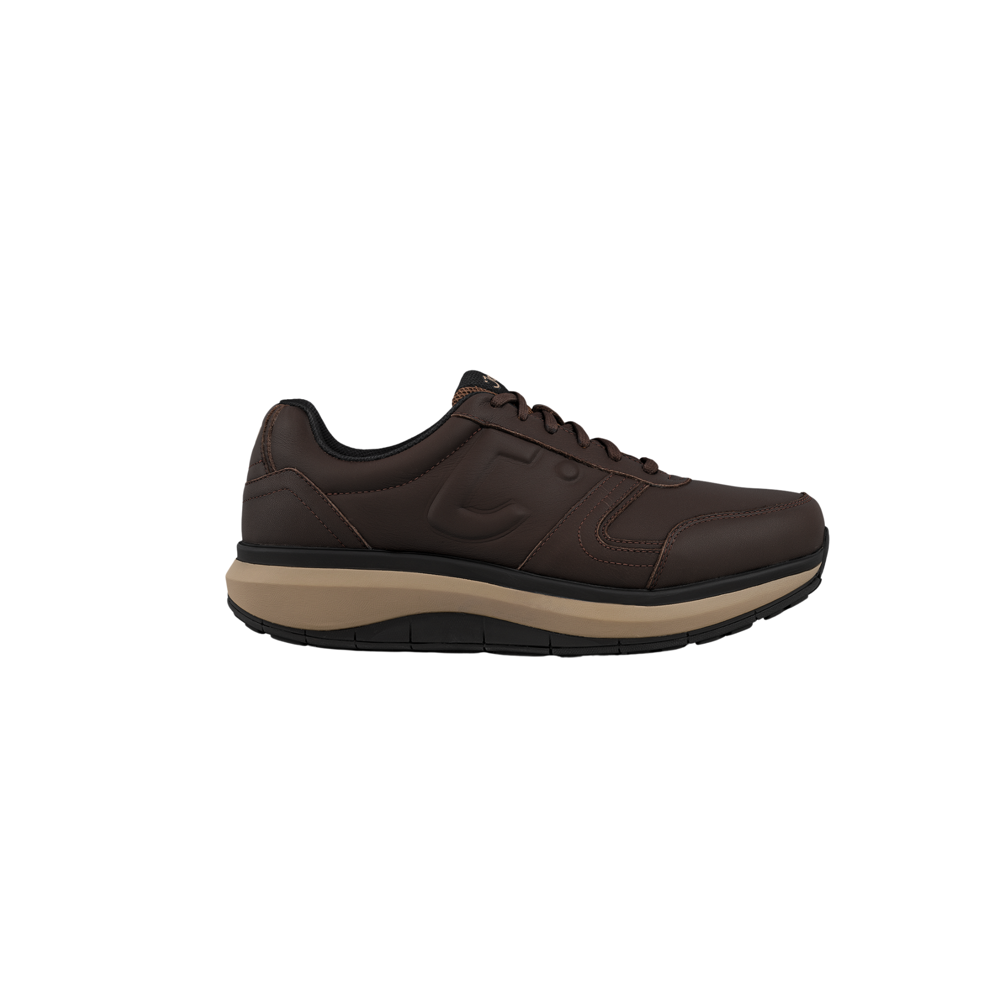 dark brown mens show with beige and black sole