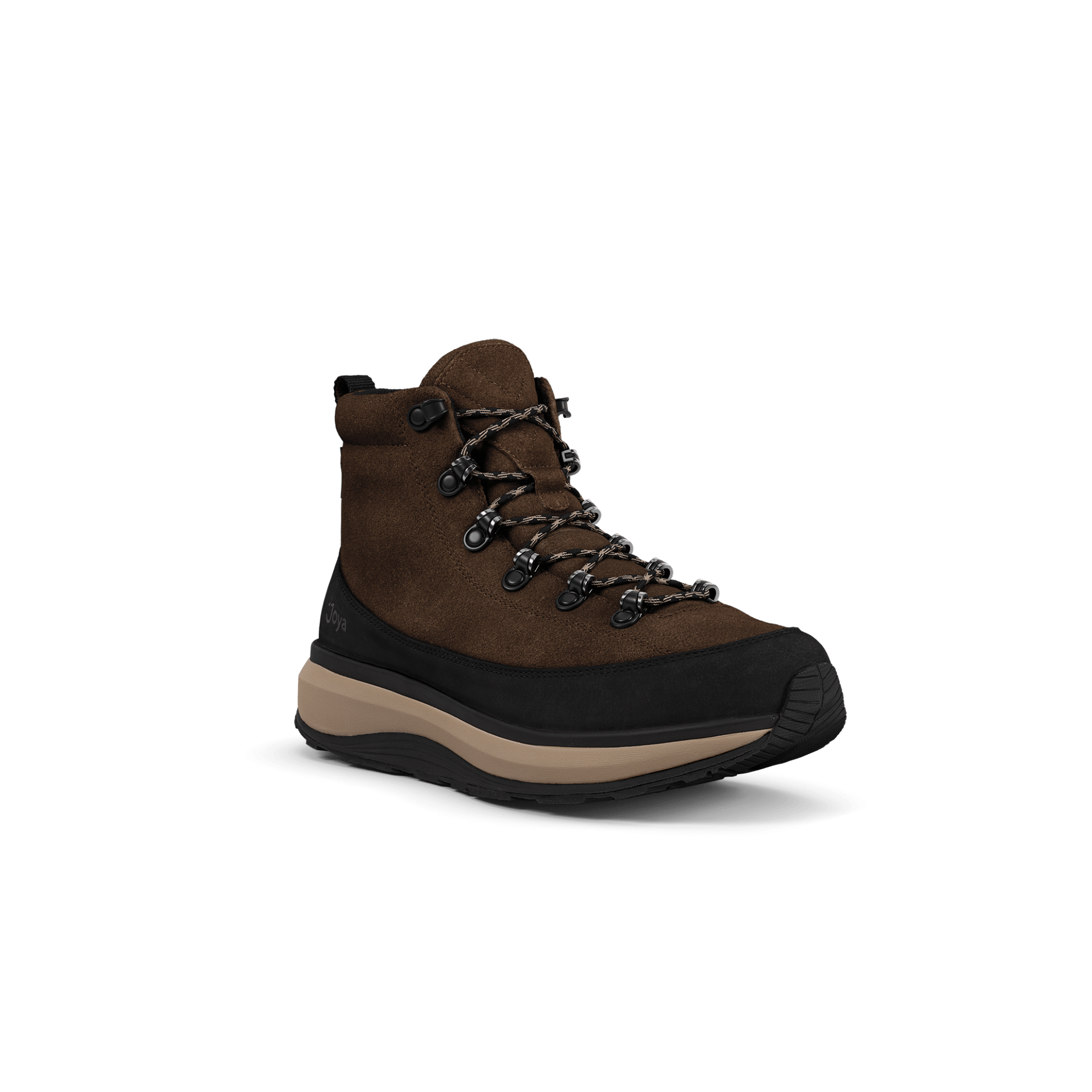 A single mid-cut hiking boot in brown suede and black synthetic, featuring a thick black and beige sole, shown against a plain white background.