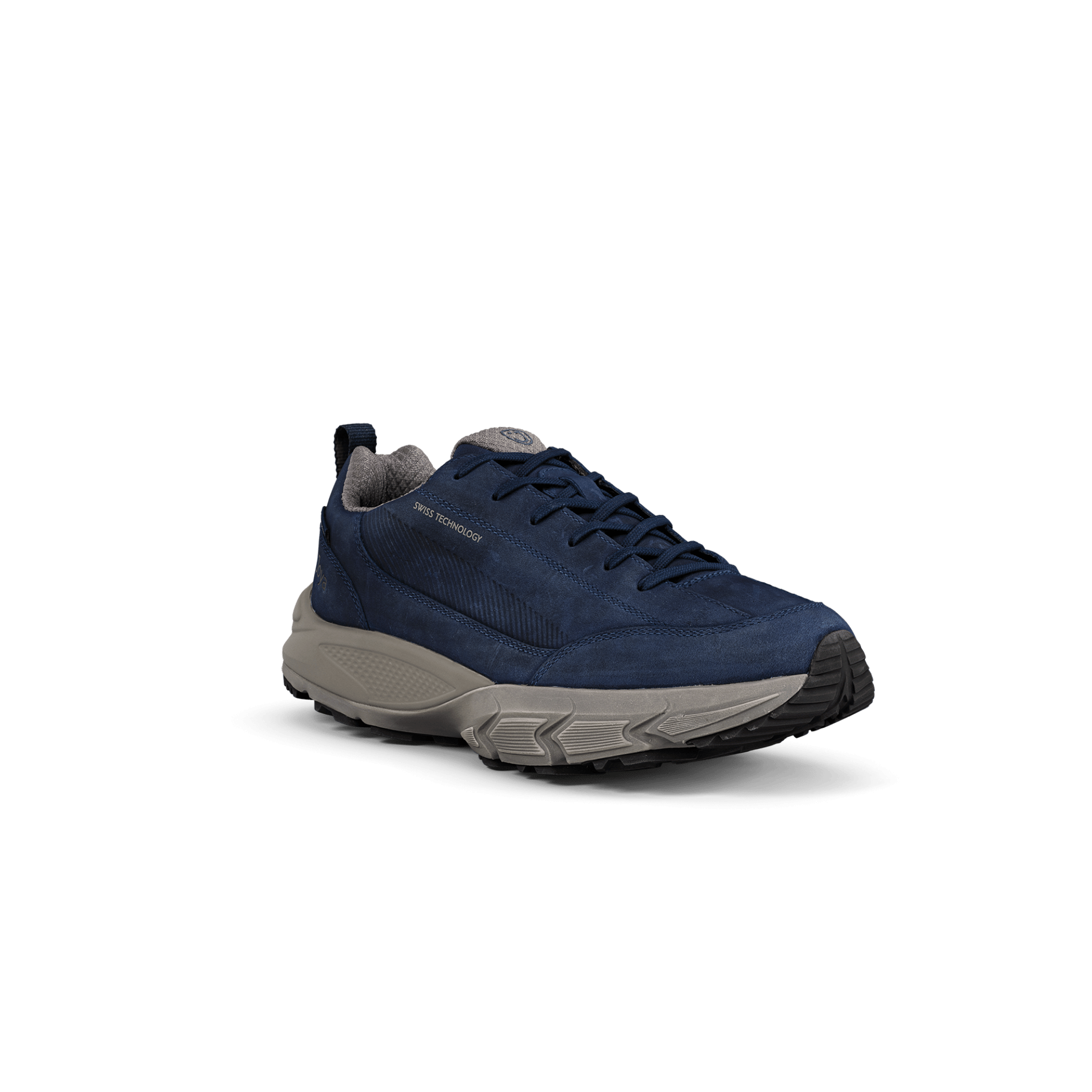 A single navy blue athletic sneaker with a chunky gray midsole and black outsole, shown from a three-quarters angle on a white background.