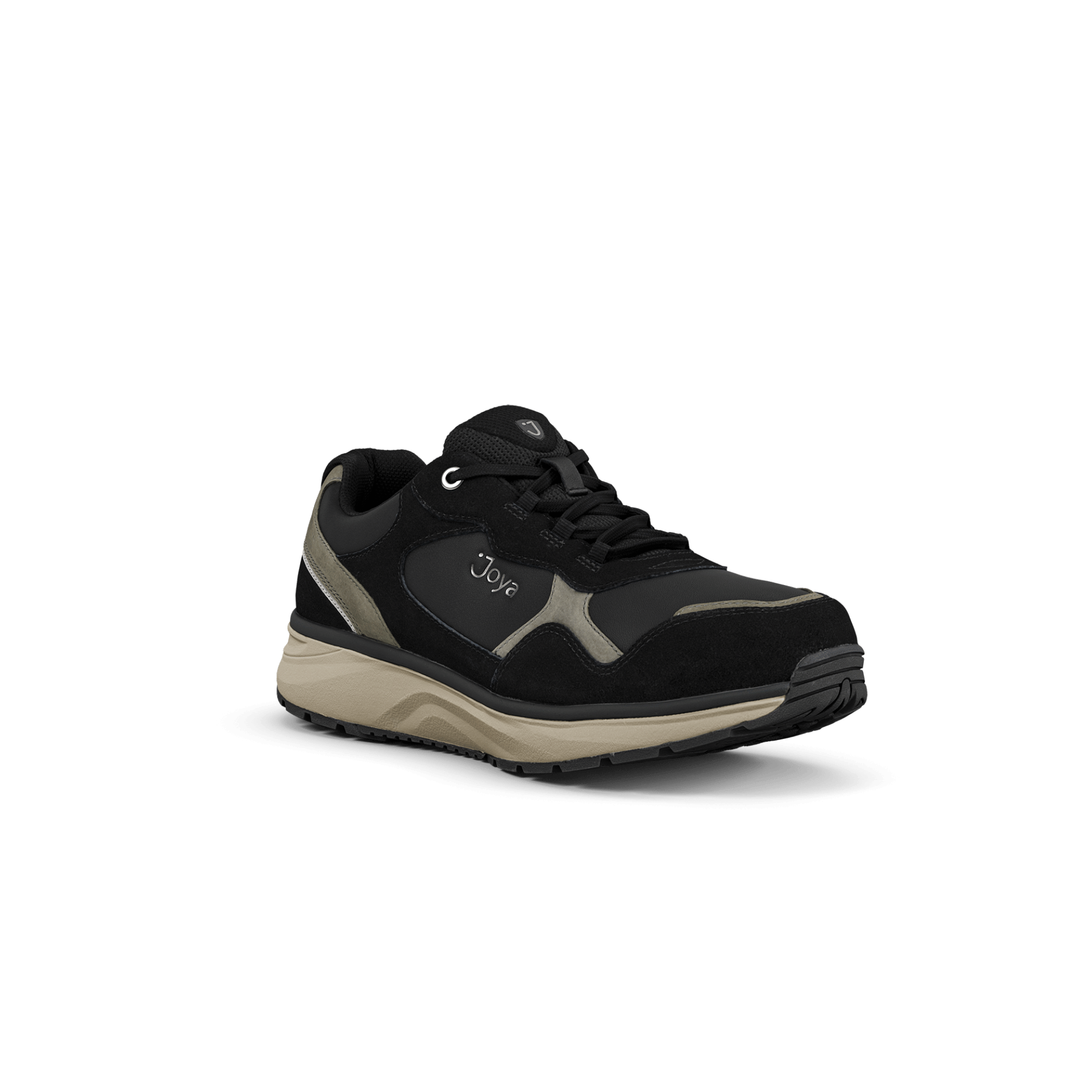 A low-top athletic sneaker in black suede and mesh with dark gray overlays, black laces, and a beige midsole, shown from a three-quarters angle on a white background.