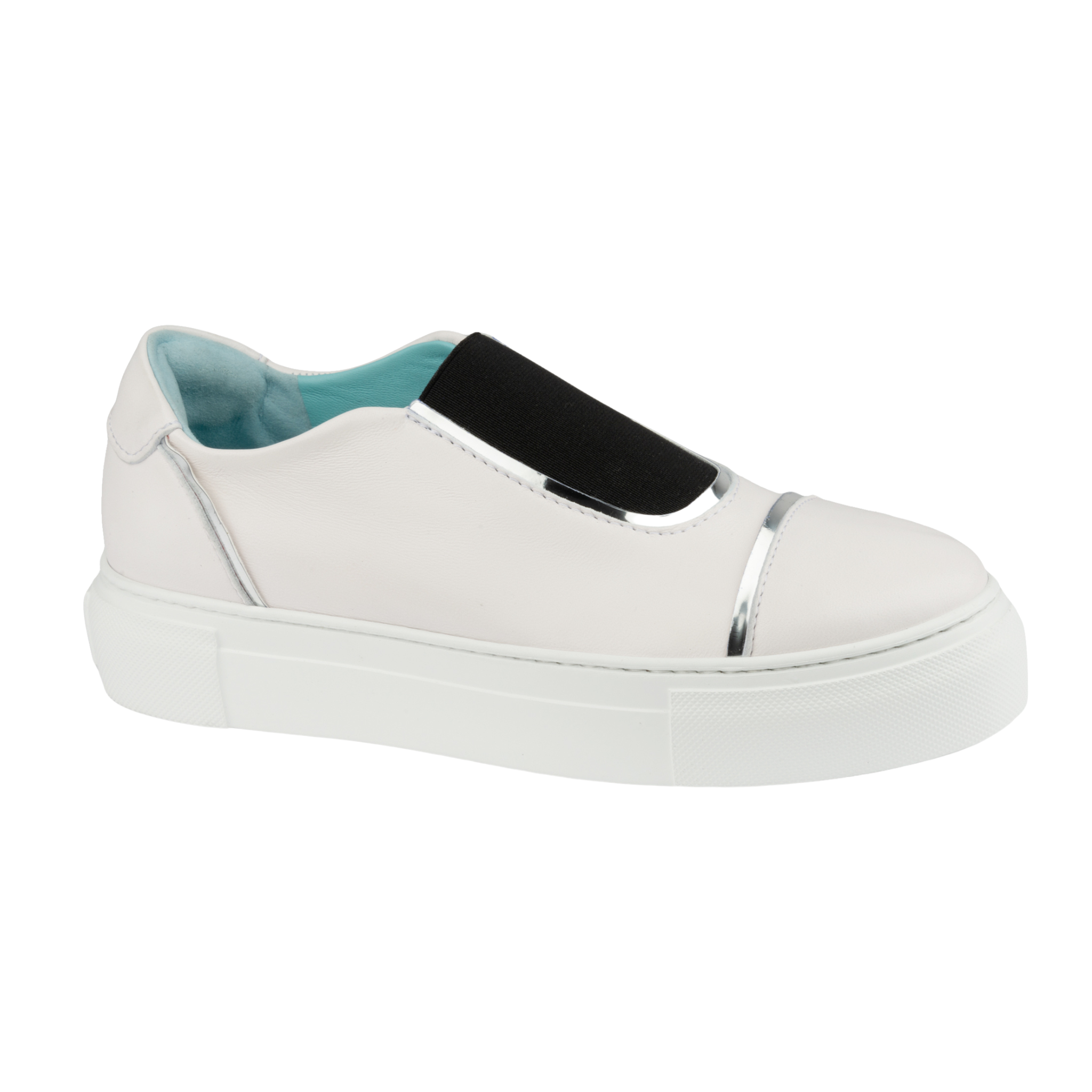 Fifty-12 Alice Lux Sneaker in White Lambskin Nappa Leather Silver Detail and Black Elastic