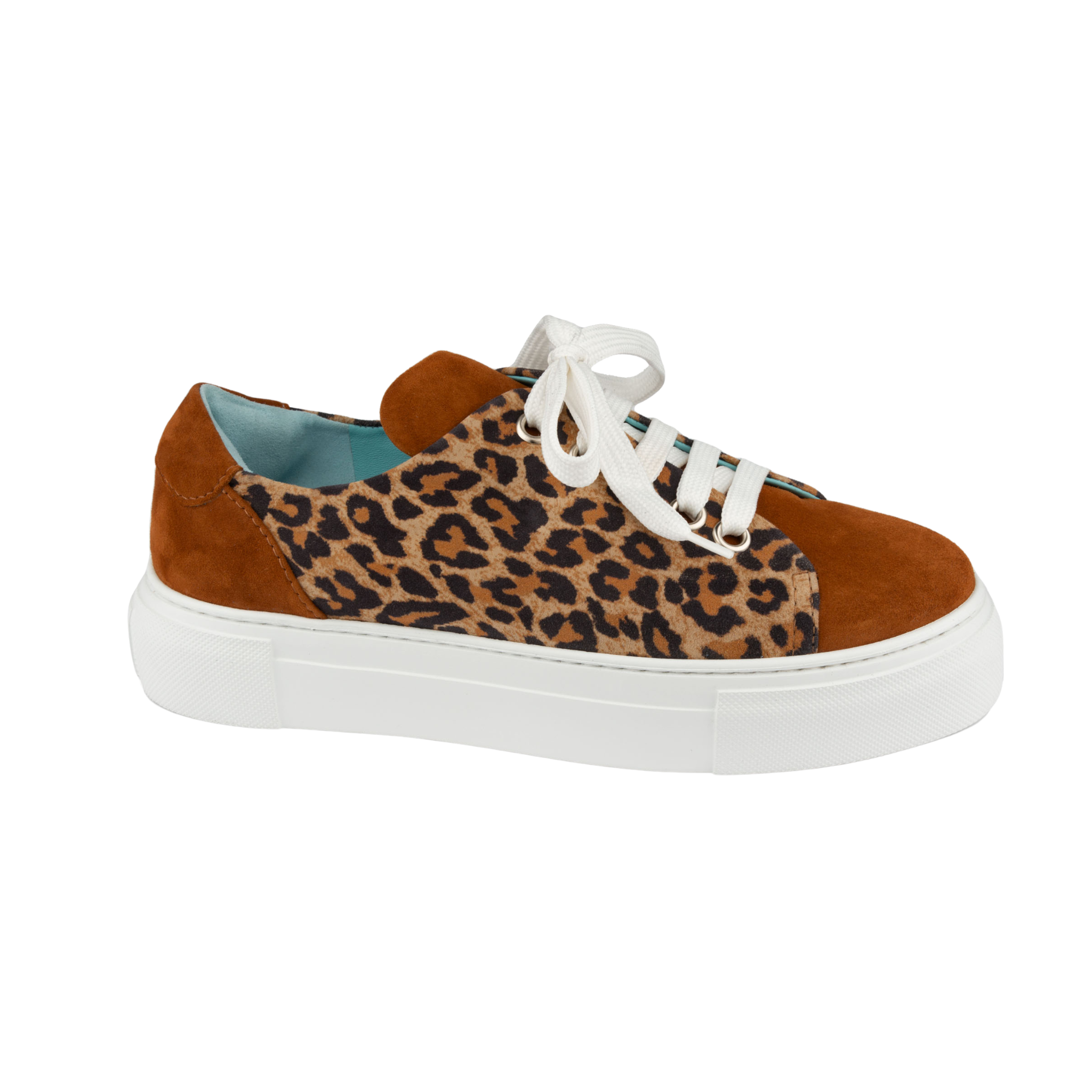 Sneaker with leopard print and brown suede design on a white background