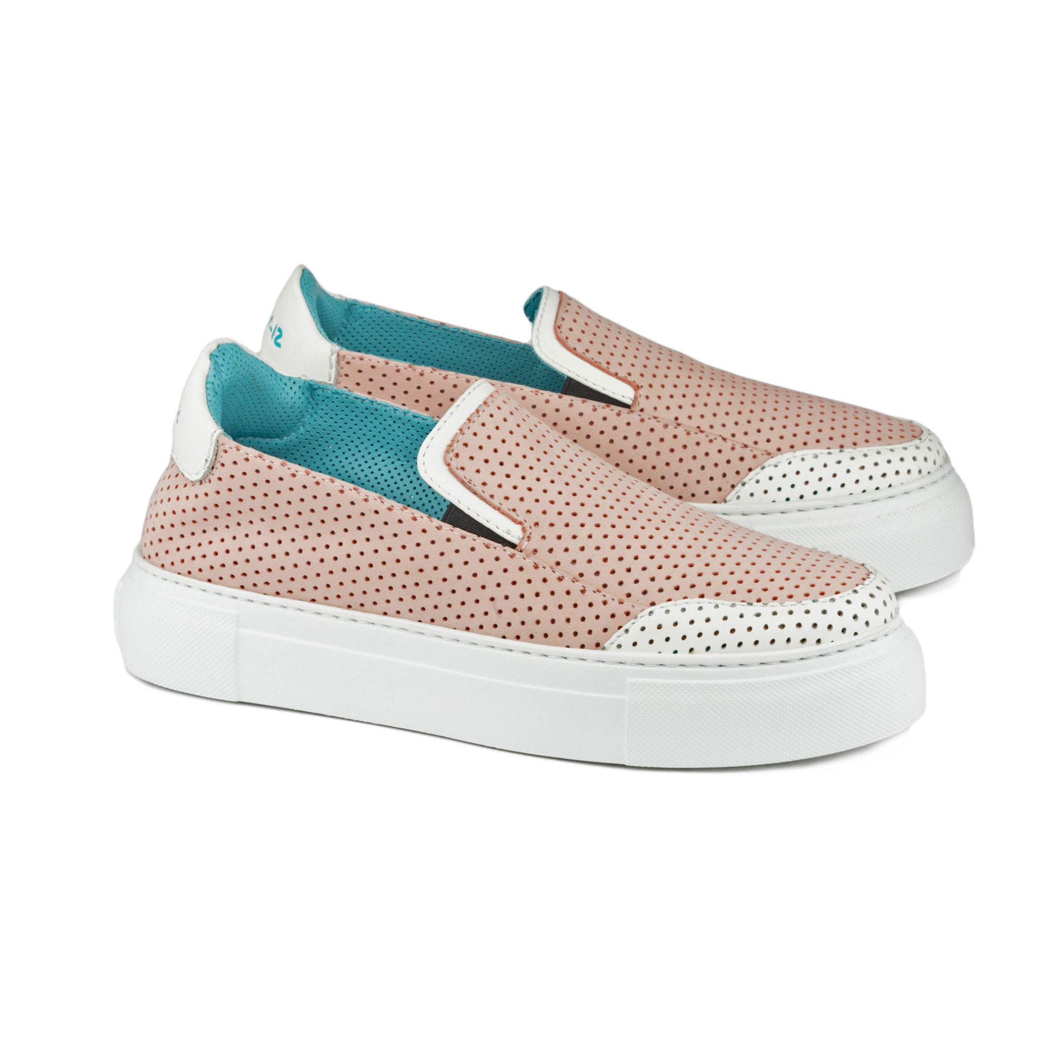 pair Fifty-12 Annabella Lux Sneaker in White Smooth Leather and Pink Nubuck Leather Perforated