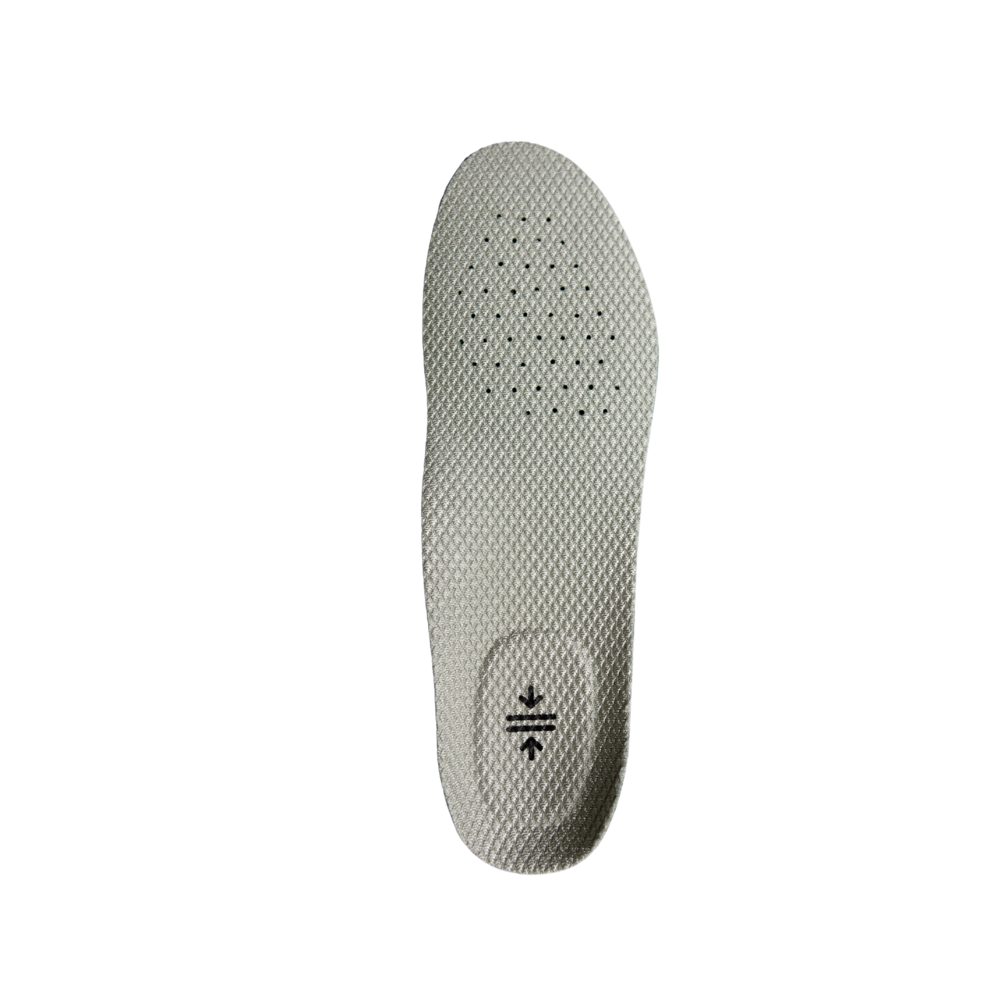 Gray shoe insole with a brand logo on a white background