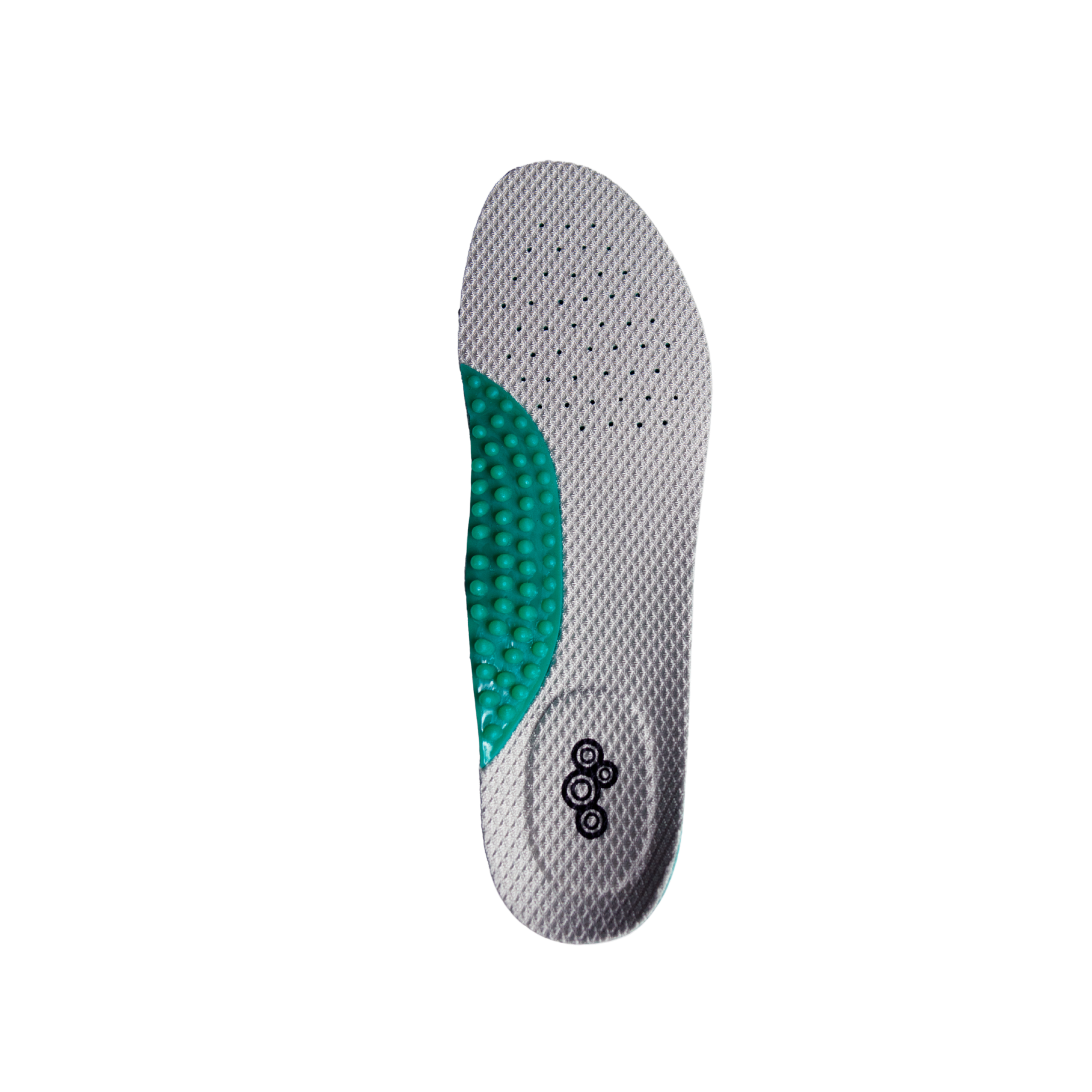 Gray shoe insole with a green arch support on a white background