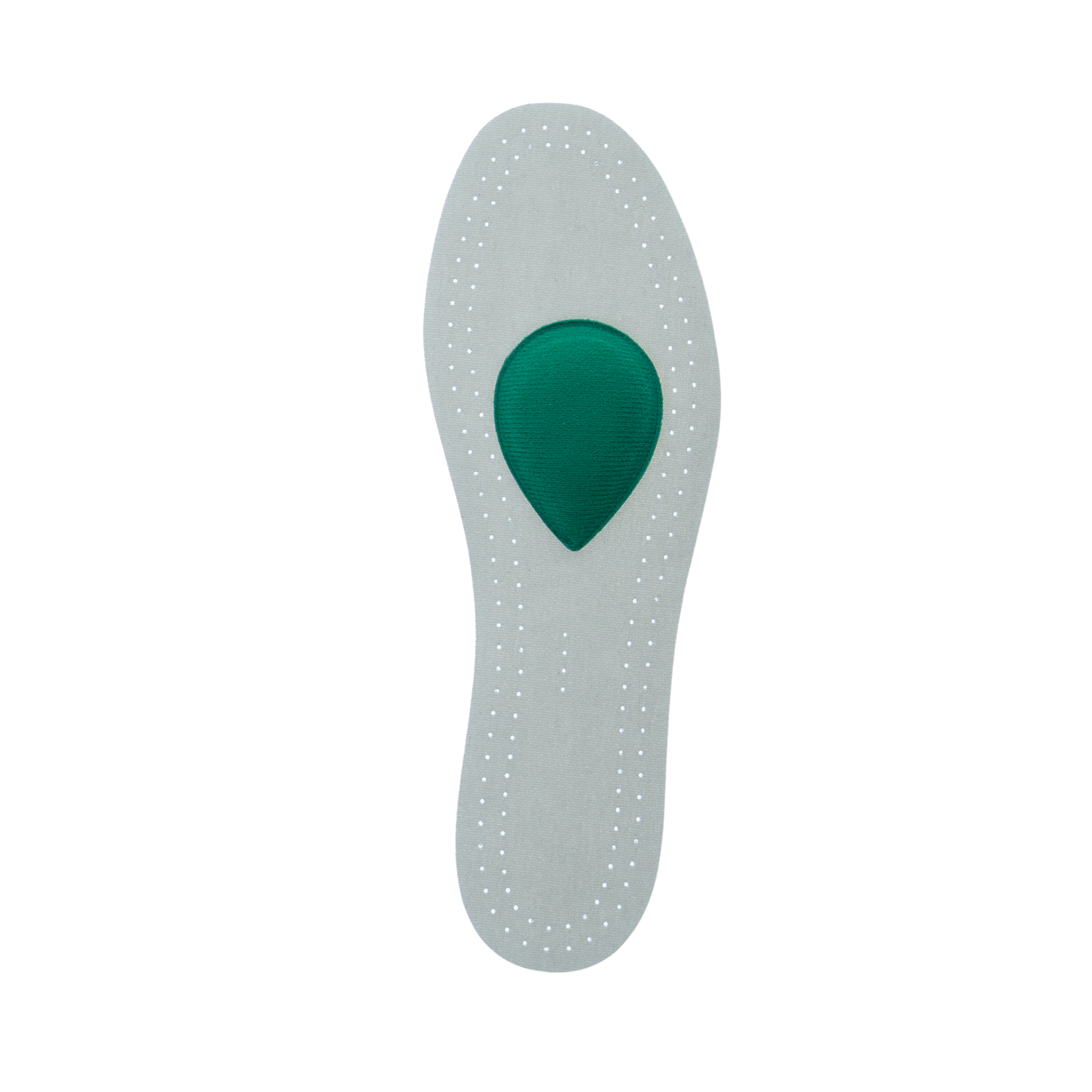 Gray shoe insole with a green heel cup on a white background