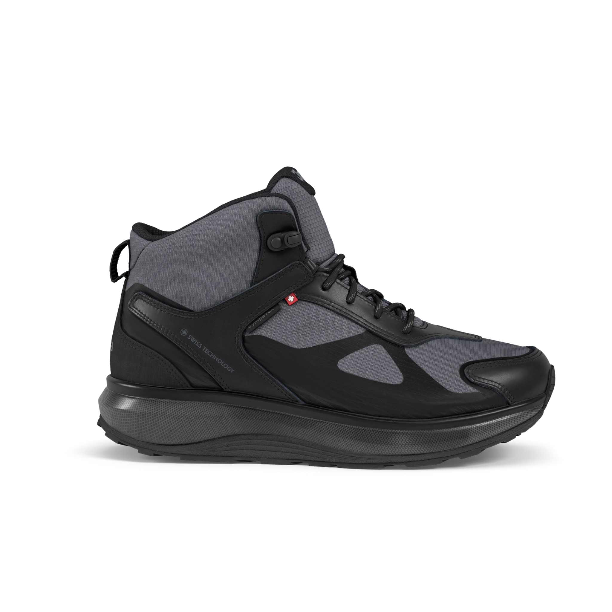 Black high-top sneaker with gray accents on a white background