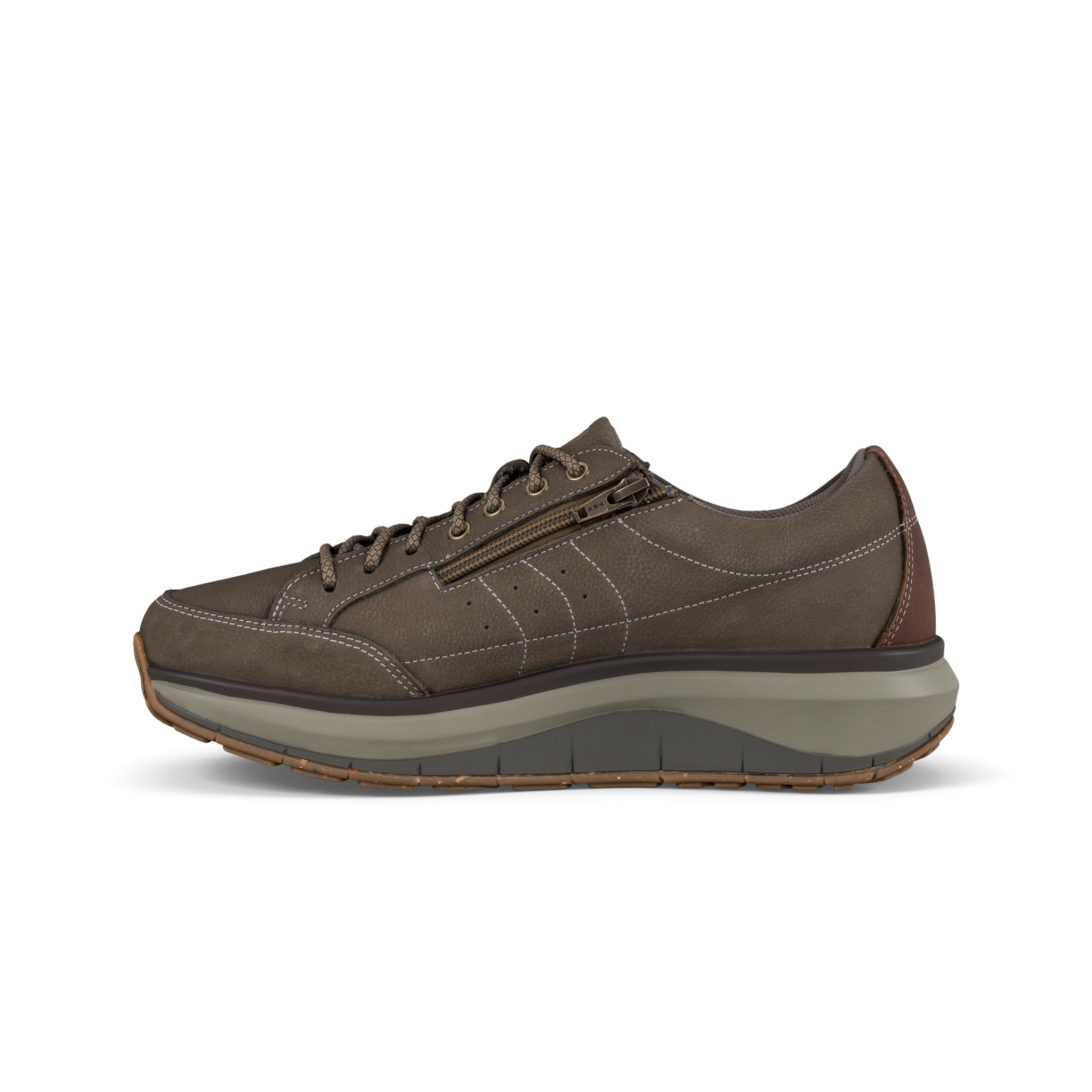 Brown shoe with gray sole on a white background