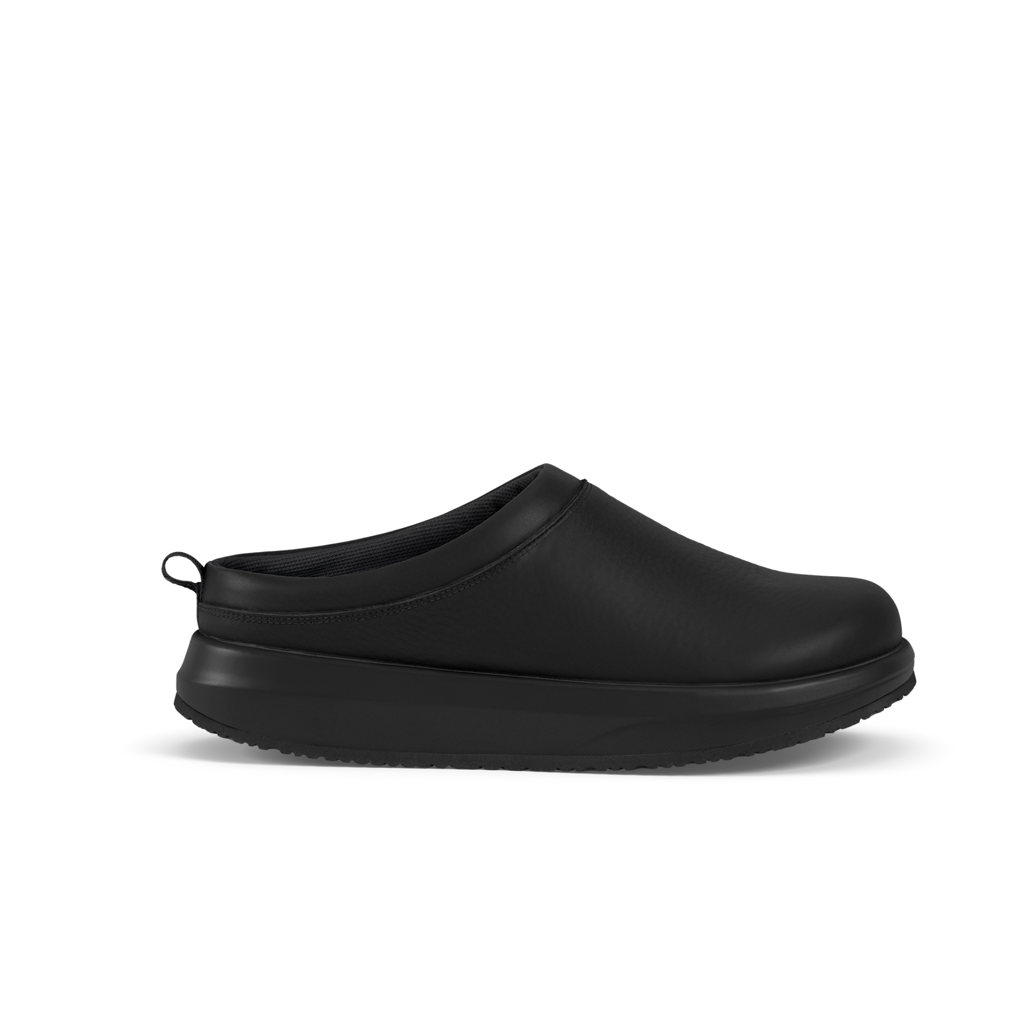 Black slip-on shoe on a white background