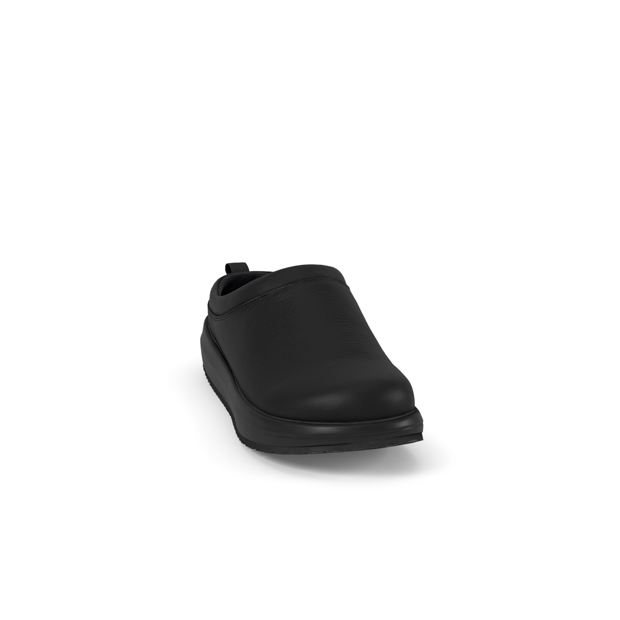 Black slip-on shoe on a white background