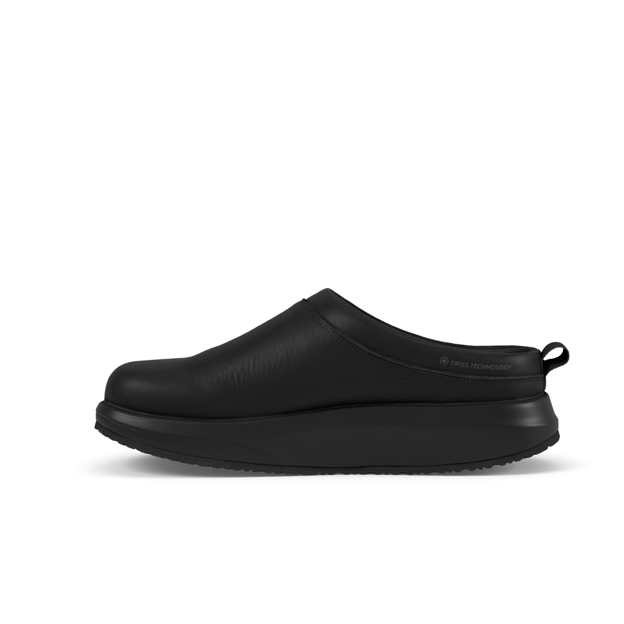 Black slip-on shoe on a white background