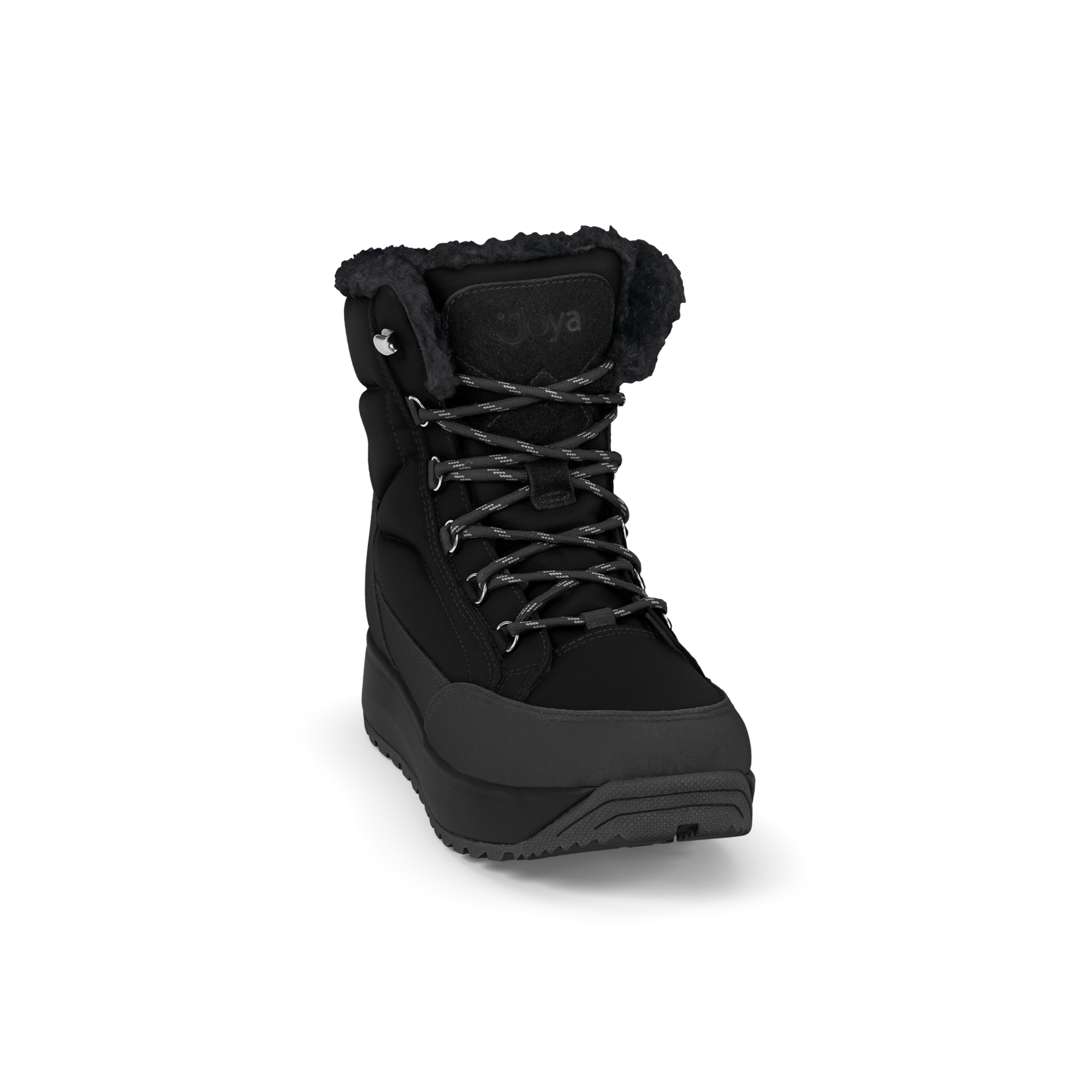 Black winter boot with fur lining on a white background