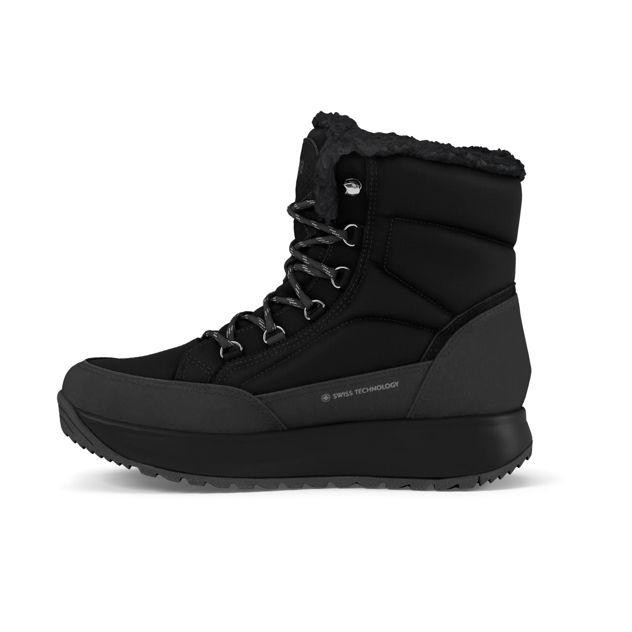 Black winter boot with fur lining on a white background