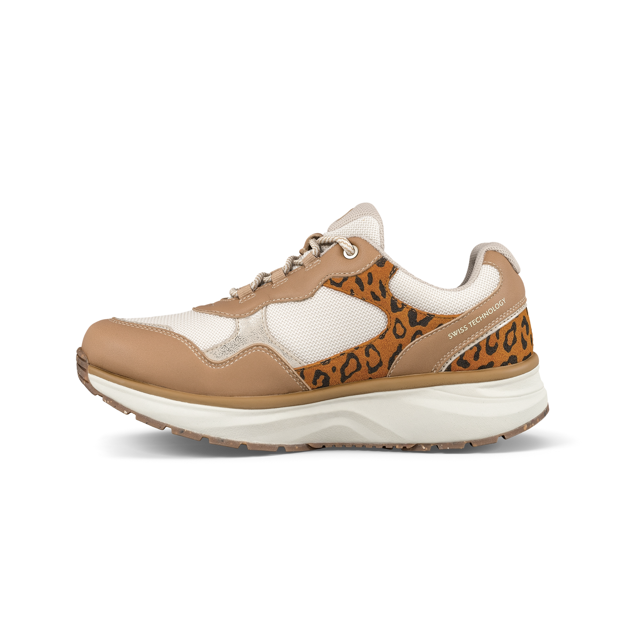 Tan and white sneaker with leopard print accents on a white background