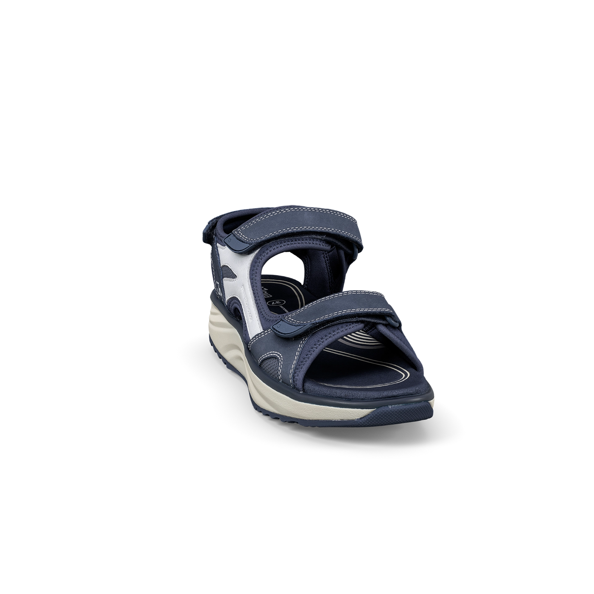 Navy sandal with white sole on a white background