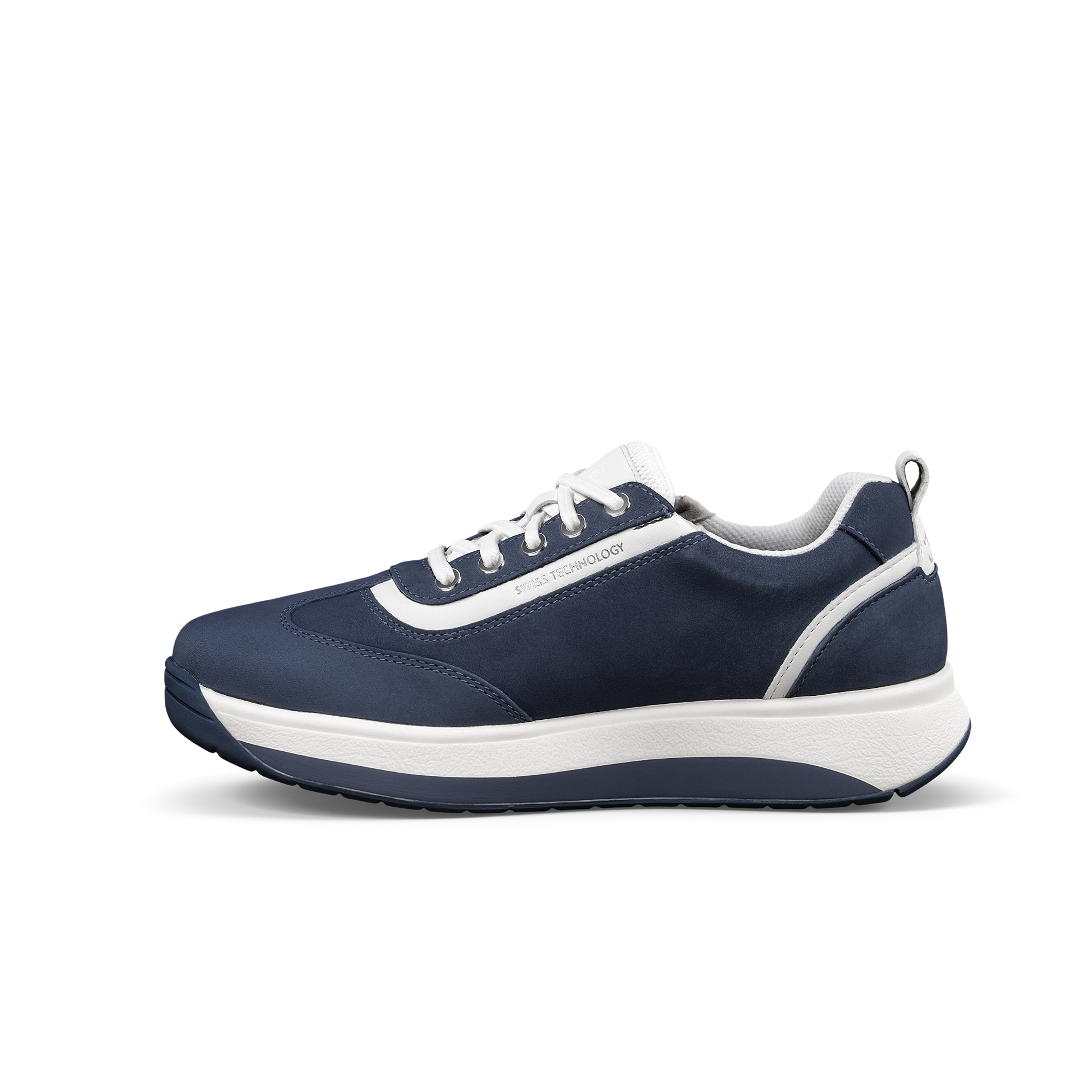 Navy blue and white sneaker on a white background