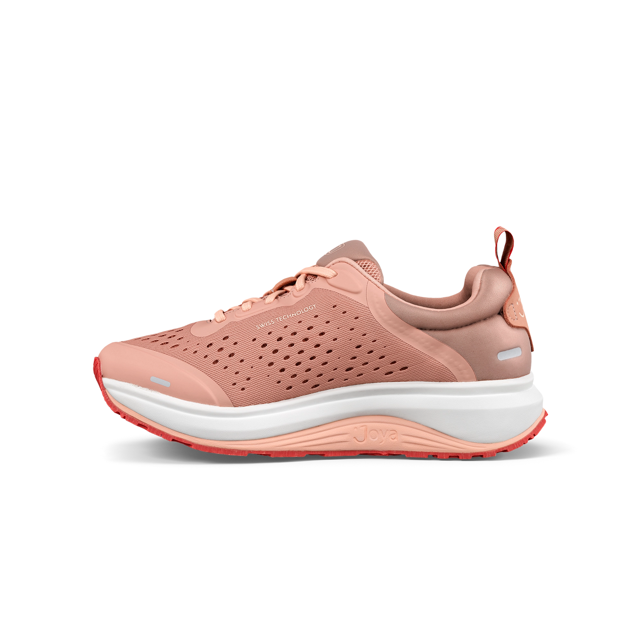 Pink running shoe with white sole on a white background
