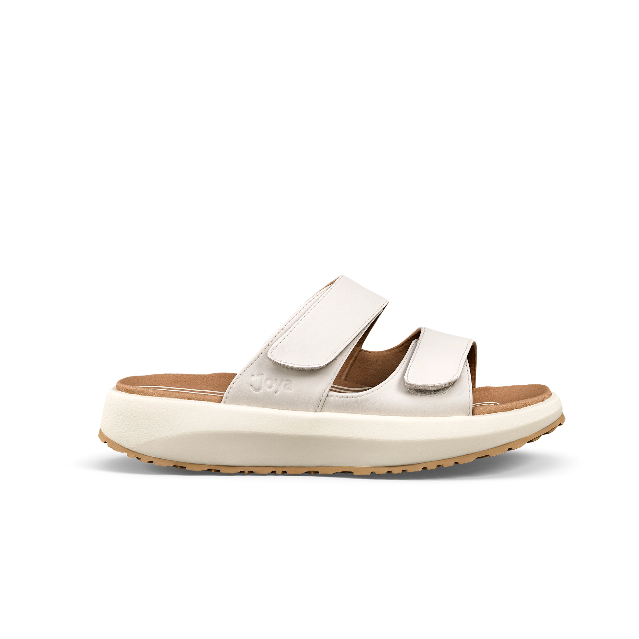 White sandal with a brown sole on a white background