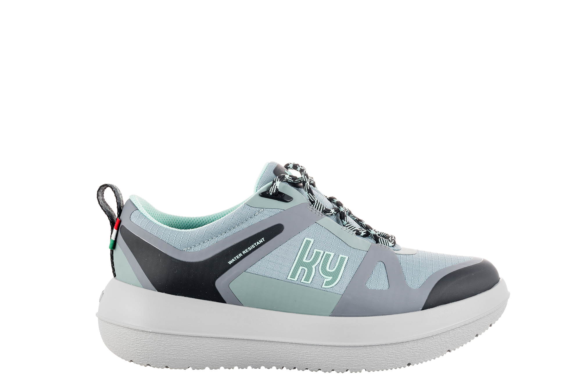 A green and gray kybun Women's Flims shoe with lace-up closure on a white background.