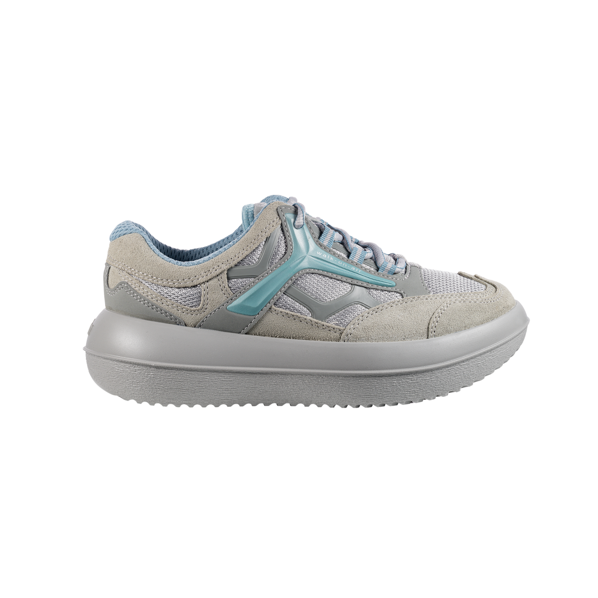 A light gray and white sneaker with a light blue accent stripe and matching light blue laces, shown from a side profile on a white background.