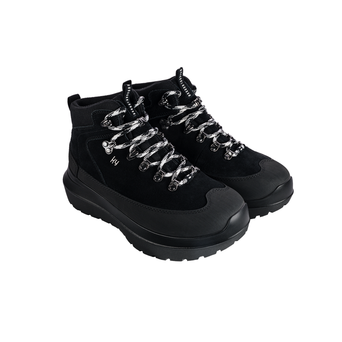 A pair of black high-top lace-up boots with chunky black soles and prominent silver metal eyelets, shown on a plain white background.