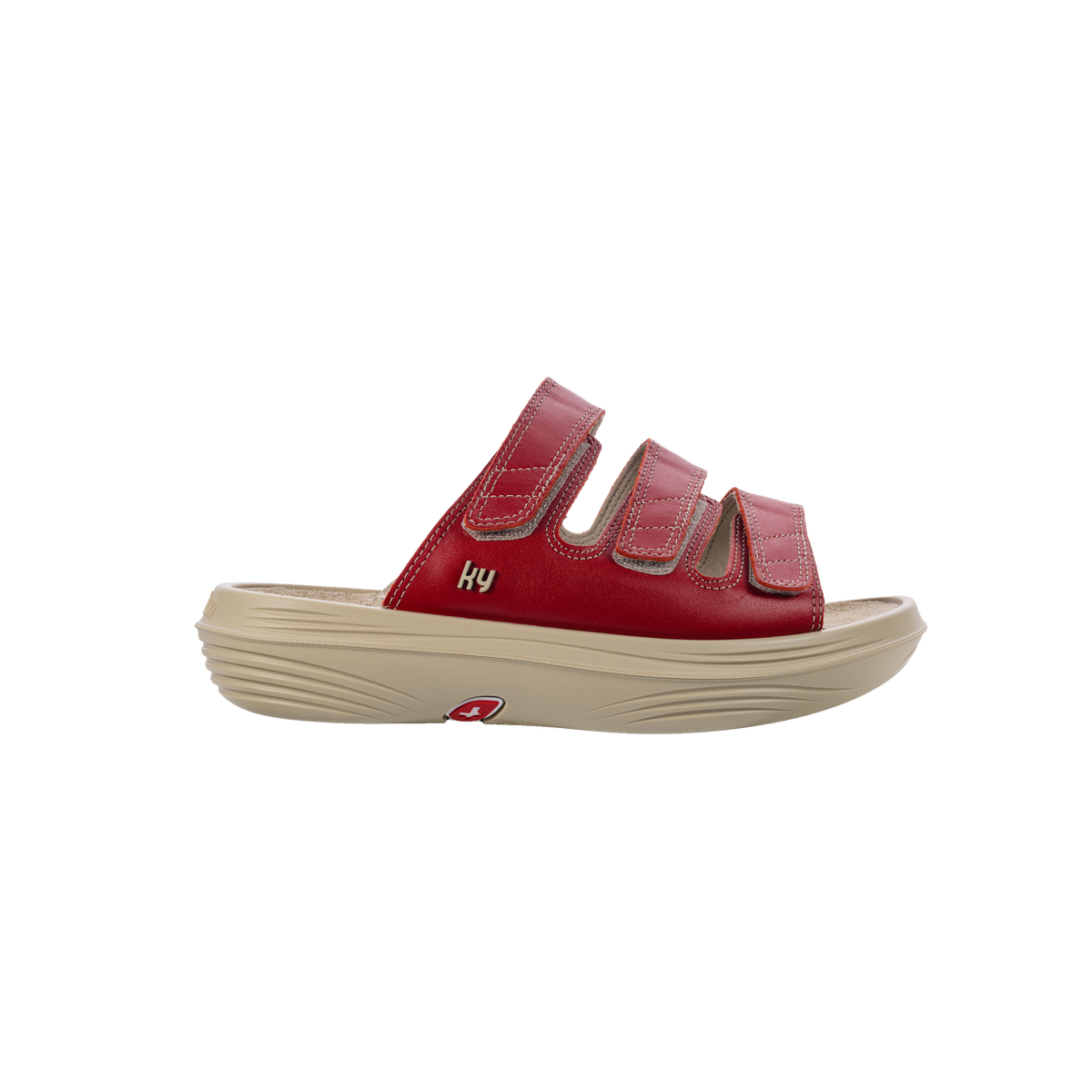 A red slide sandal with three hook-and-loop straps and a beige contoured sole, shown from a side profile on a white background.