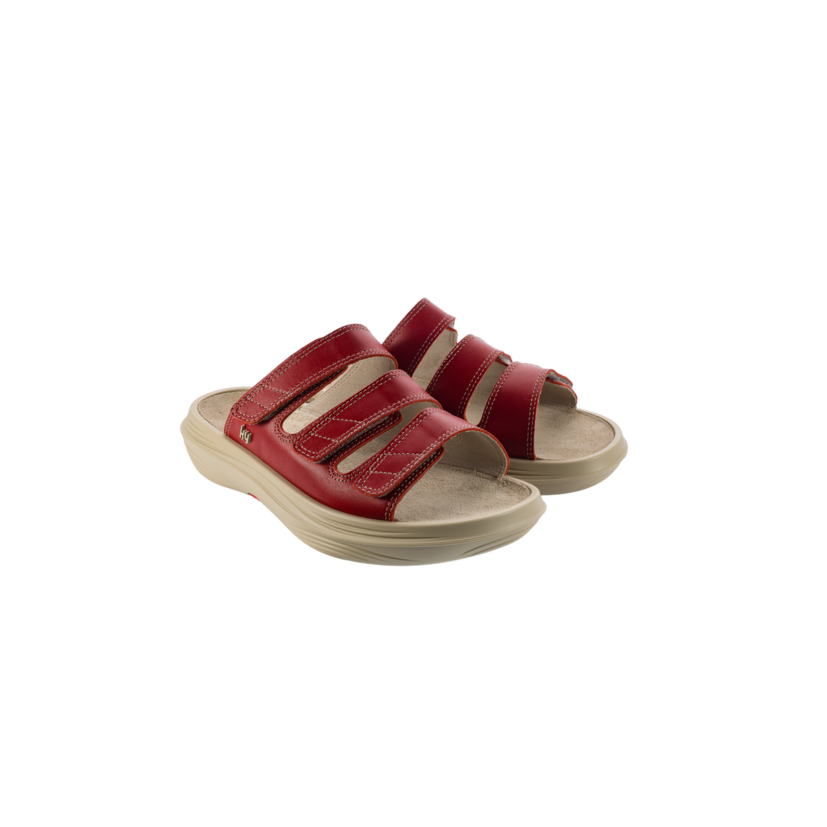 A pair of red leather slide sandals with beige soles, shown on a plain white background.
