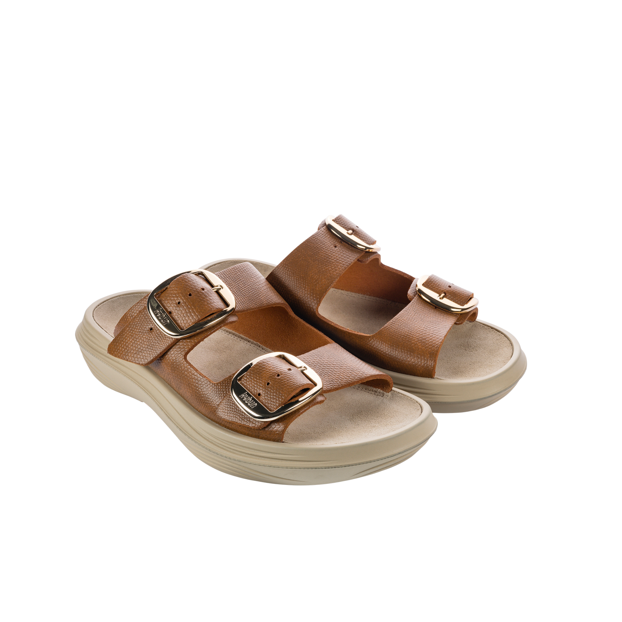 Pair of brown sandals with gold buckles on a white background