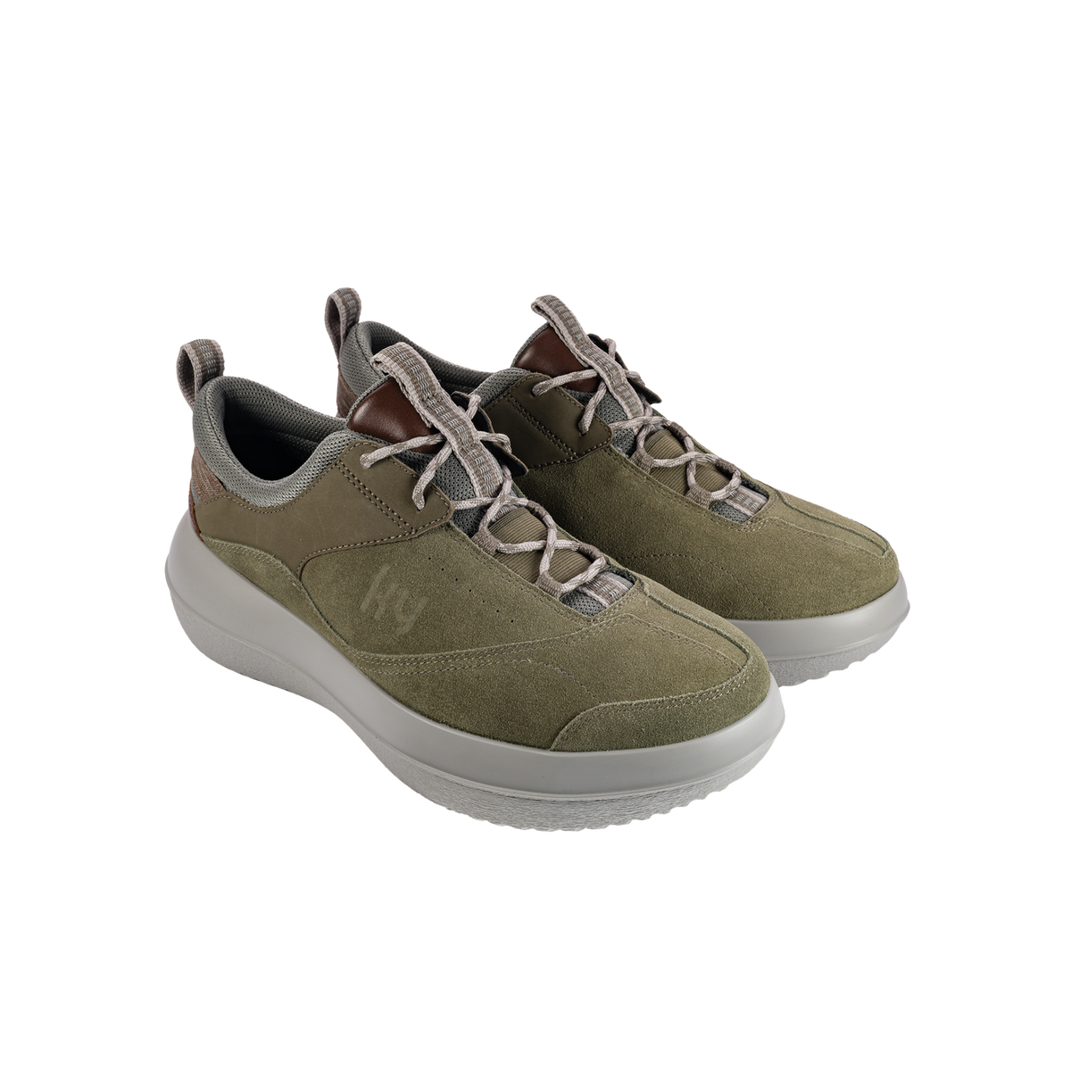 A pair of Fly outdoor sneakers in olive green suede and mesh, featuring gray laces, a gray midsole, and a white outsole, shown against a plain white background.