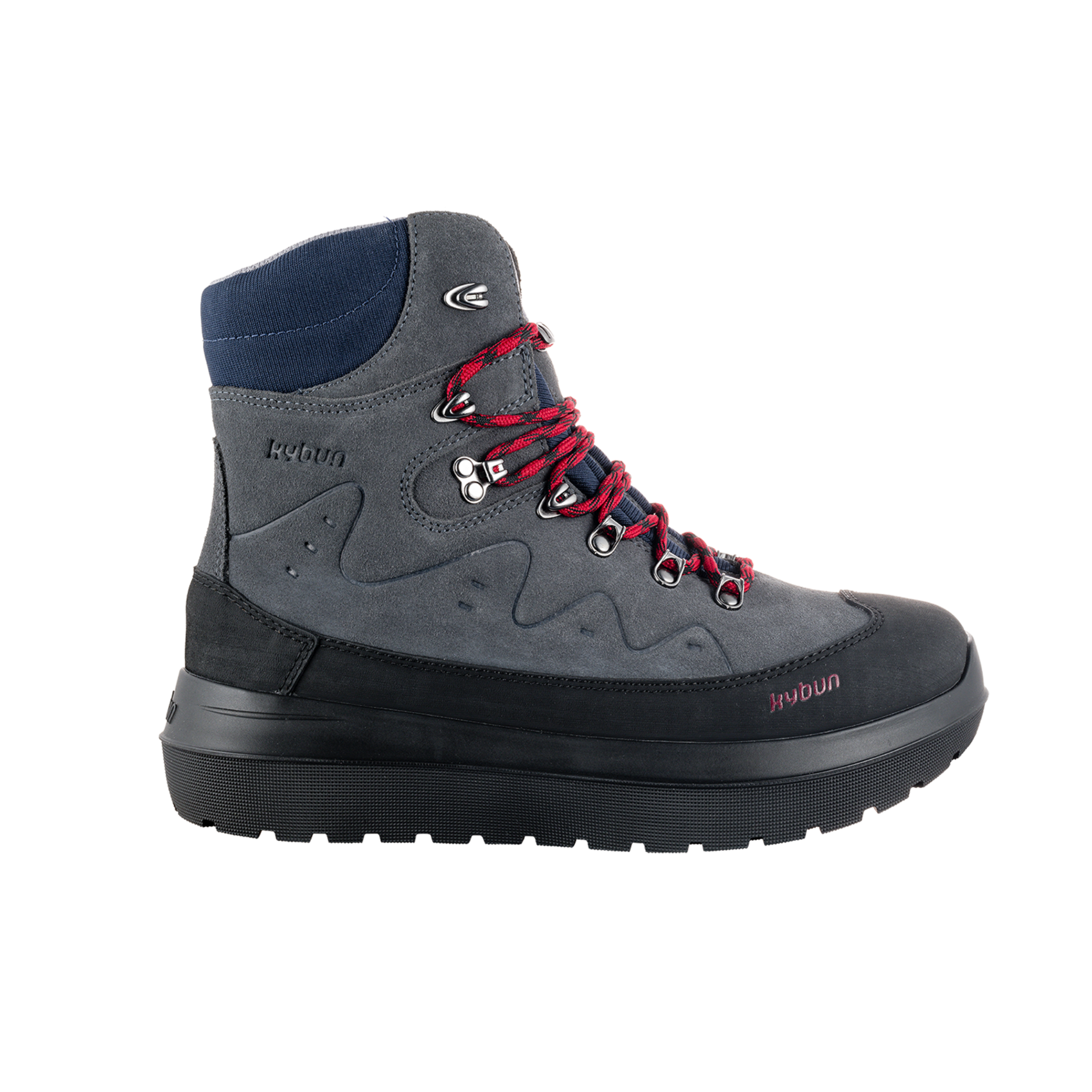 Gray hiking boot with red laces on a white background