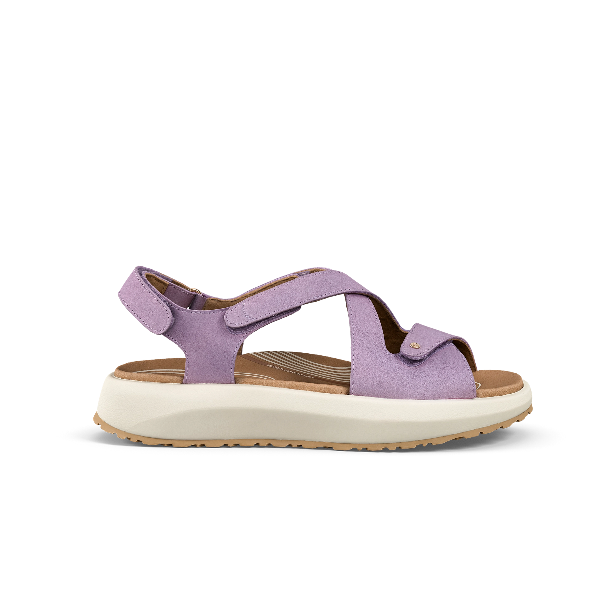 Purple sandal with a white sole on a white background