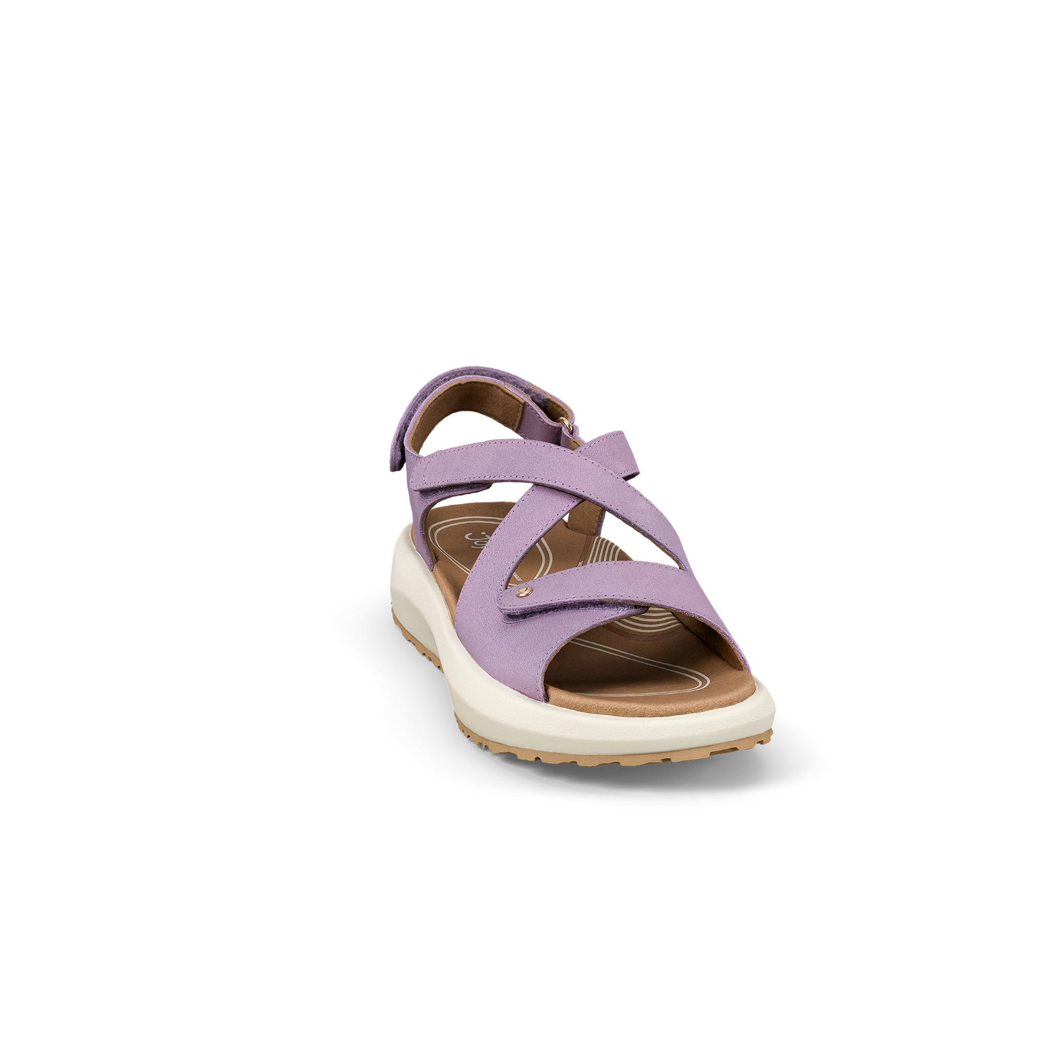 Purple sandal with a white sole on a white background