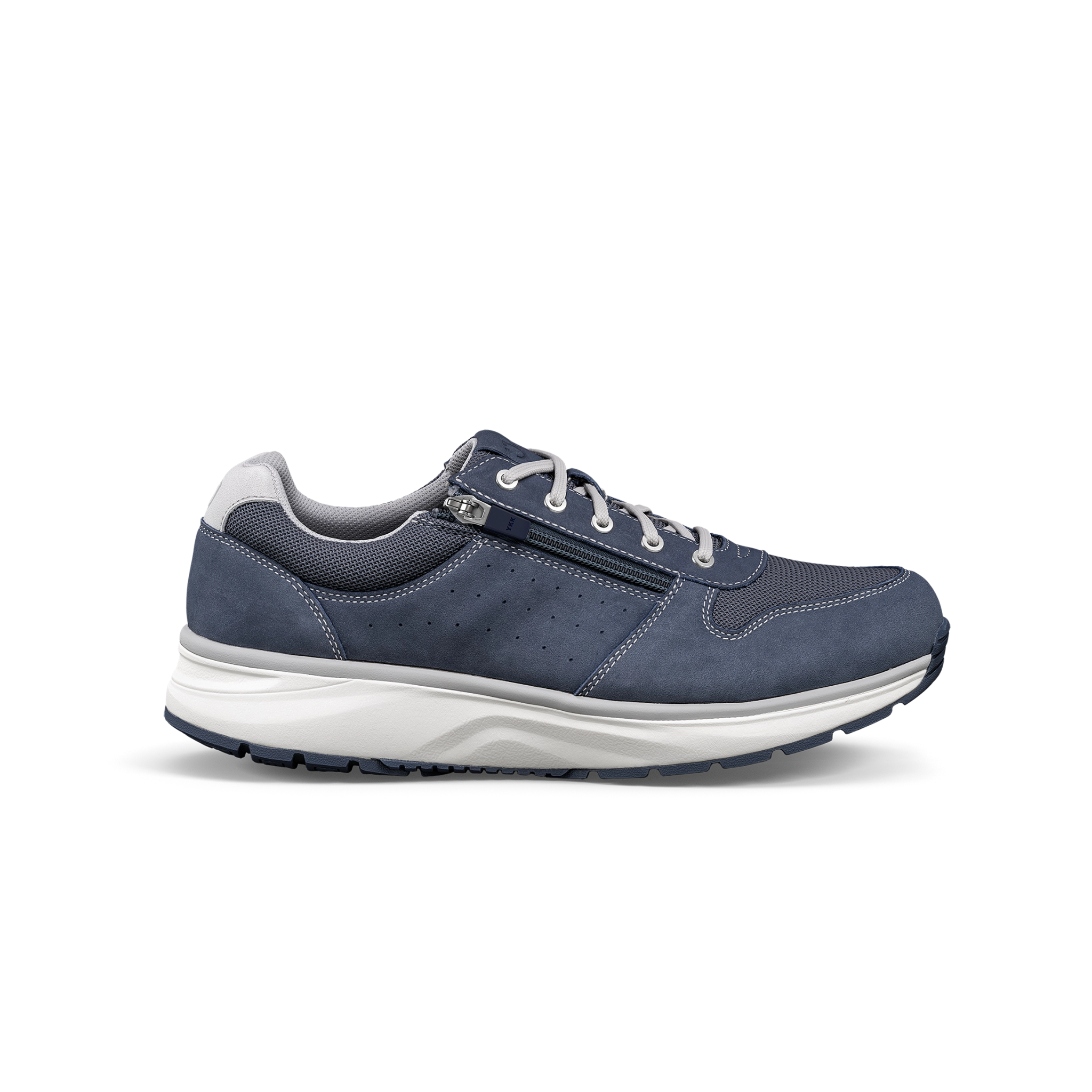 Blue athletic shoe with white sole on a white background