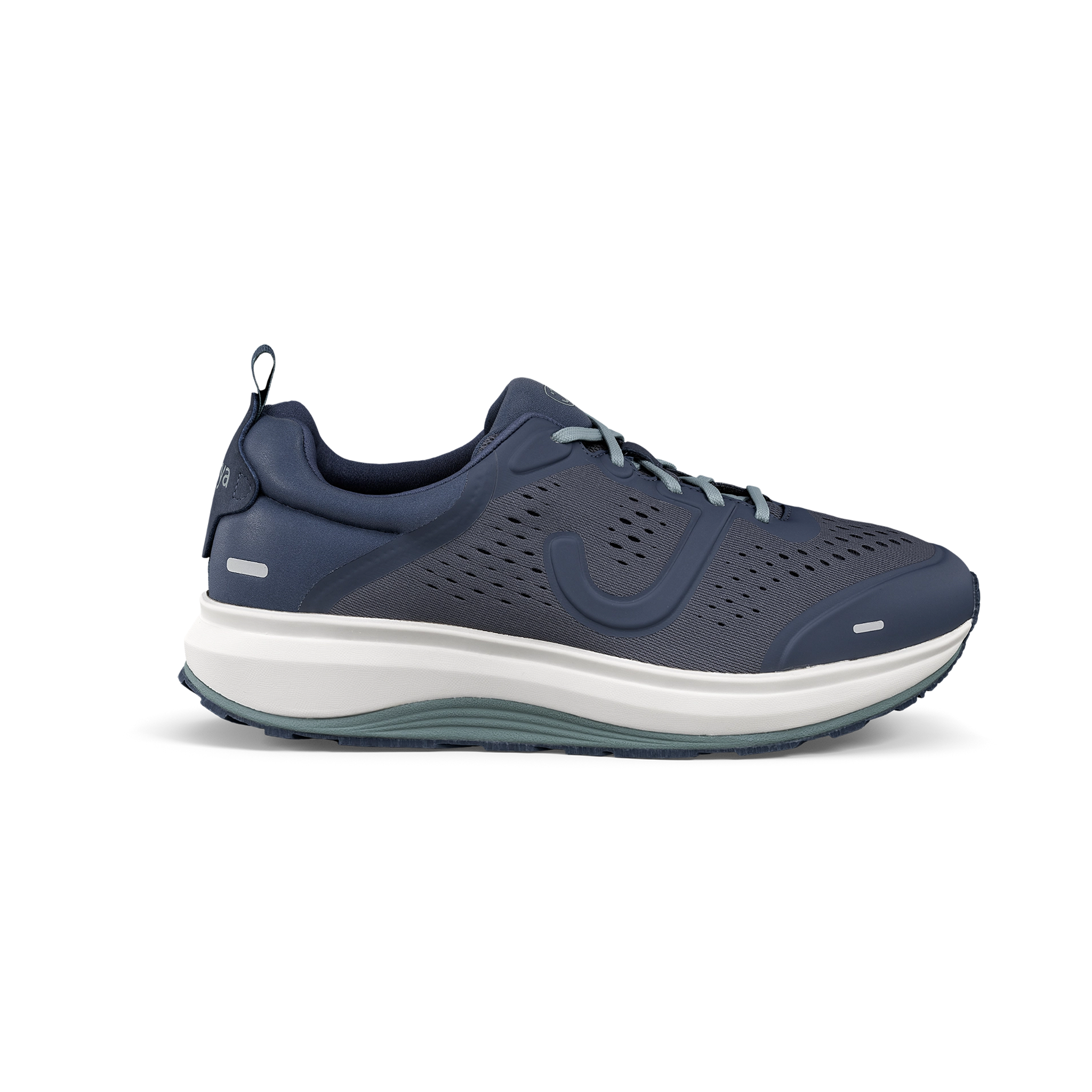 Navy running shoe with white sole on a white background
