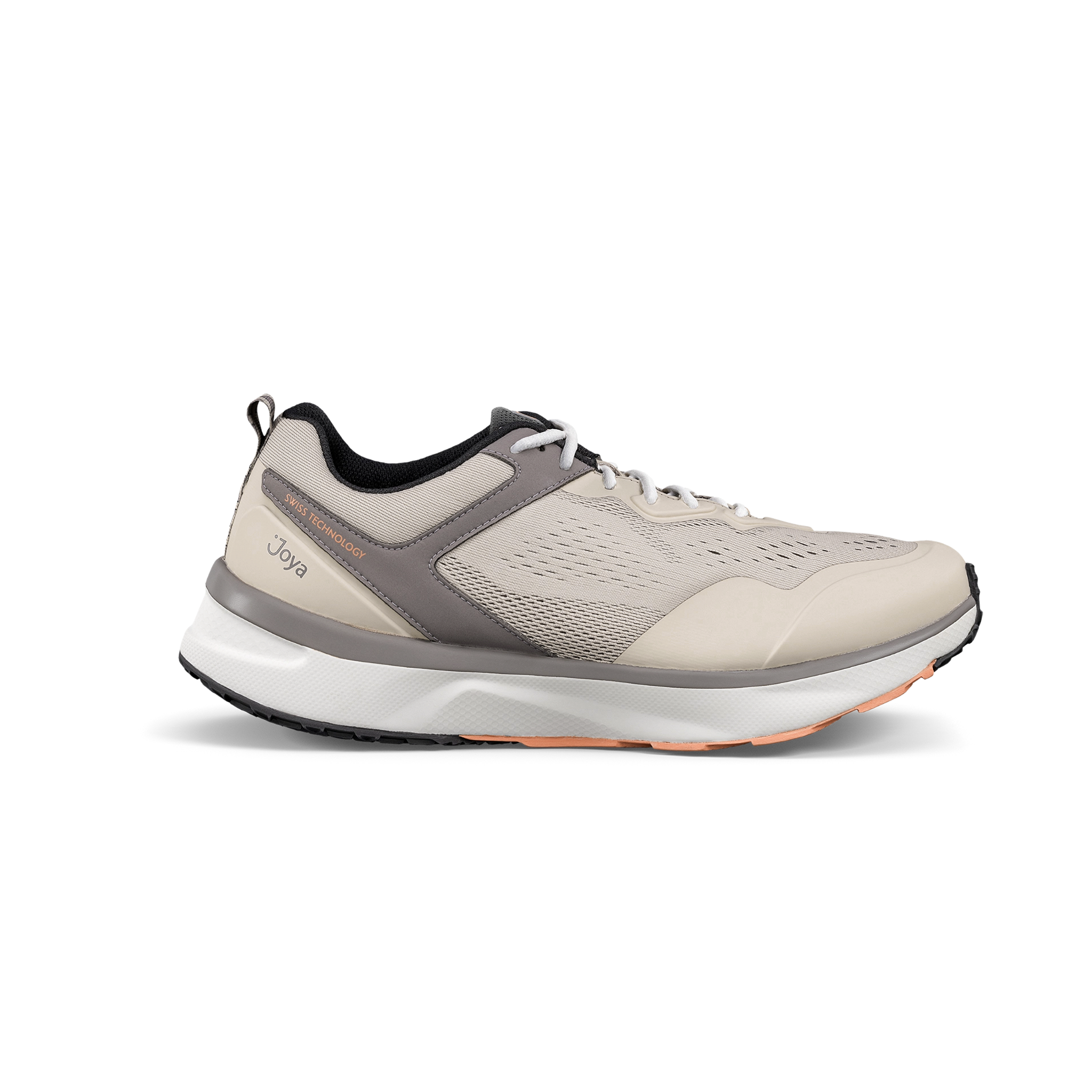 Gray and beige running shoe on a white background