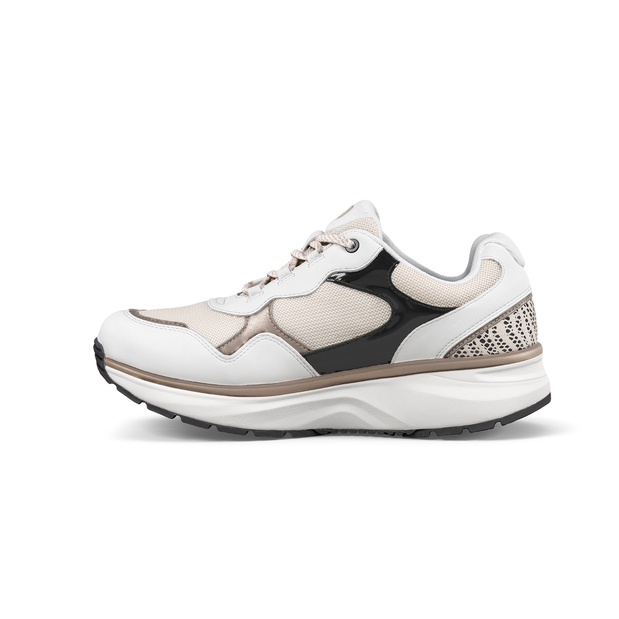 White and black athletic shoe on a white background