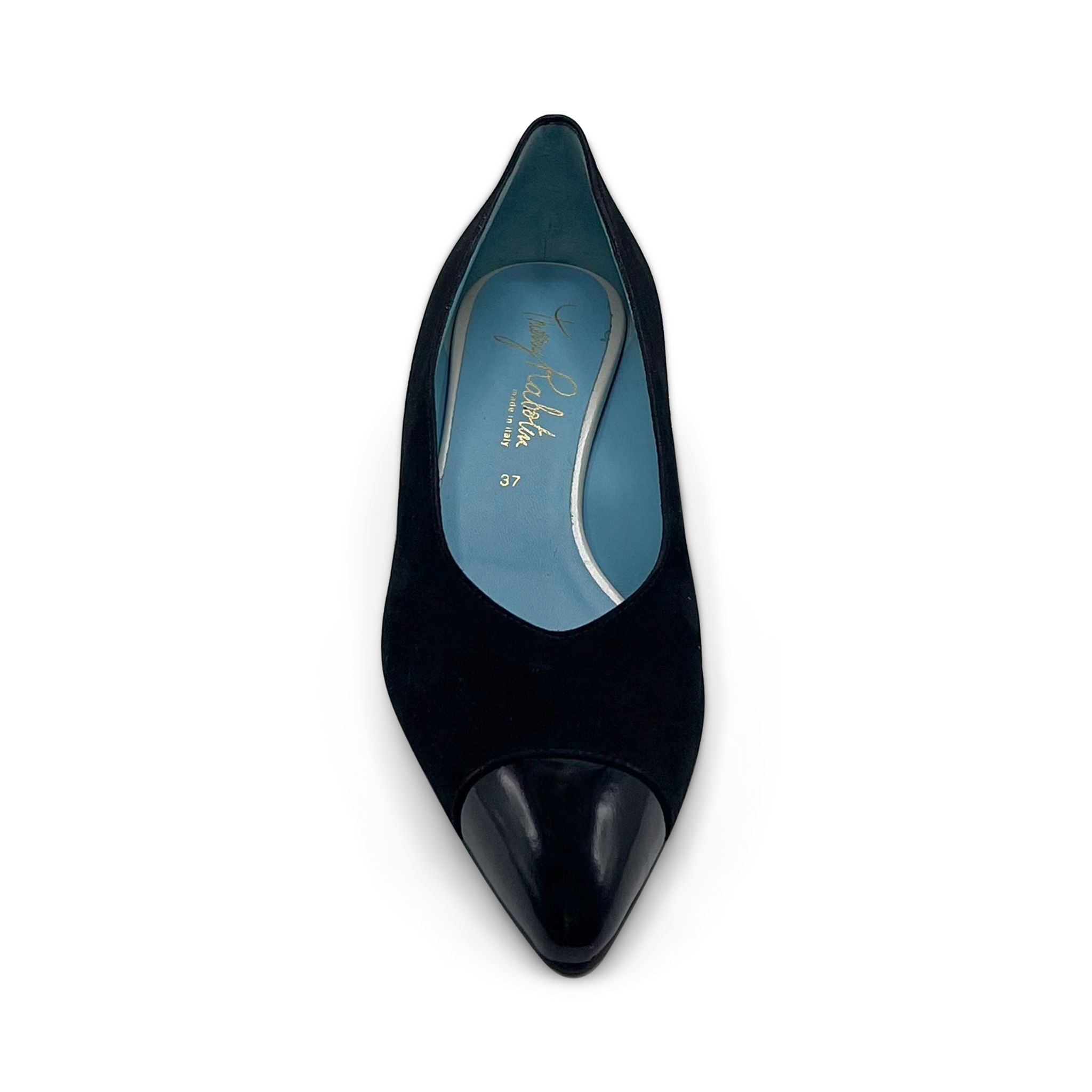 Black pointed-toe shoe with blue insole on a white background