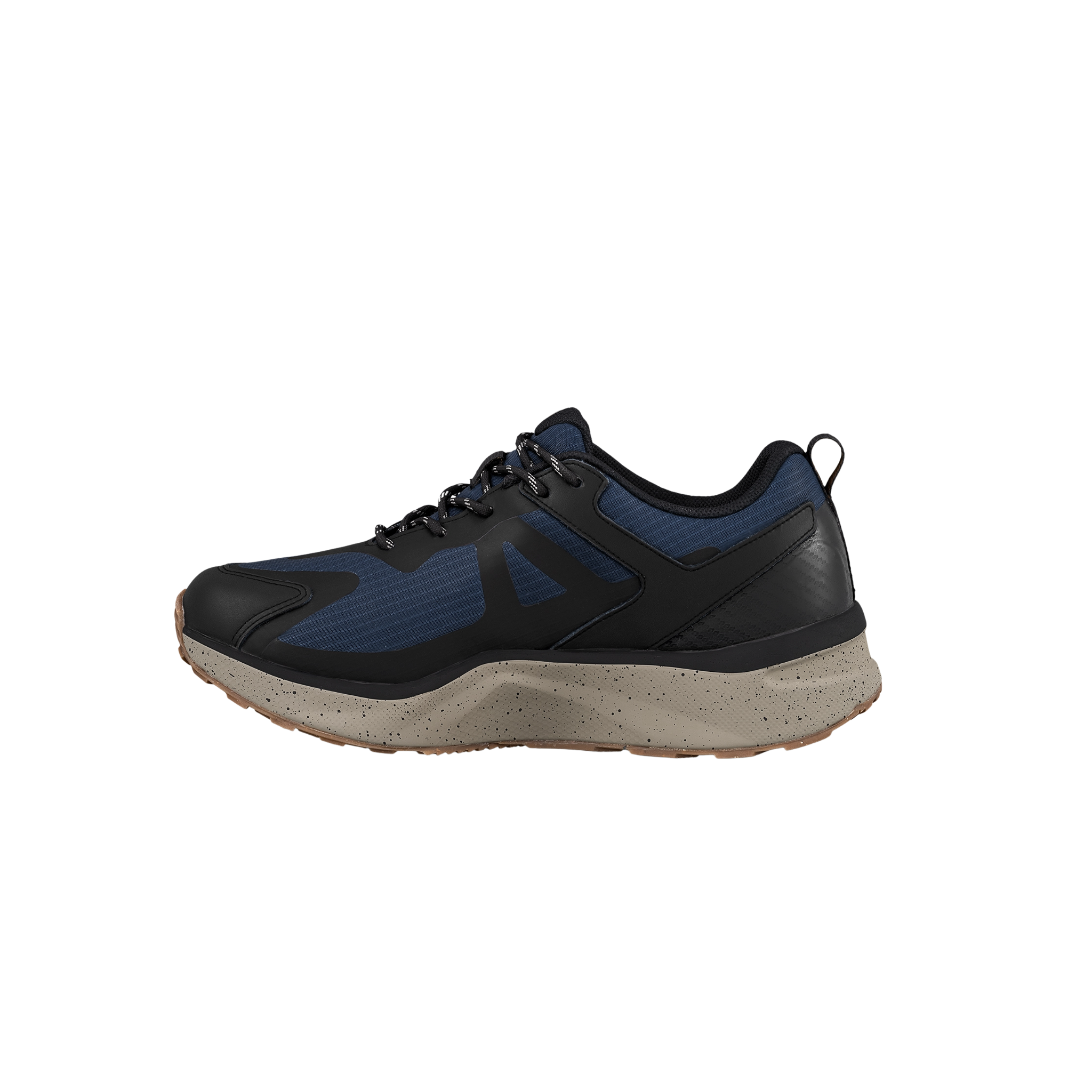 Black and blue athletic shoe on a white background